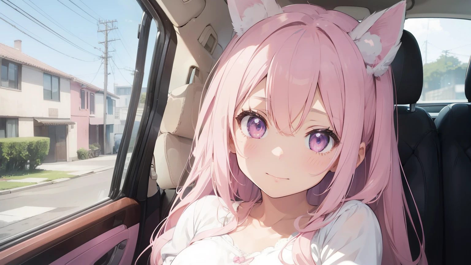 beautiful illustrations, highest quality, pretty girl, pastel colour, fluffy rabbit ears, pink long hair,light pink eyes,inside the car,car sex