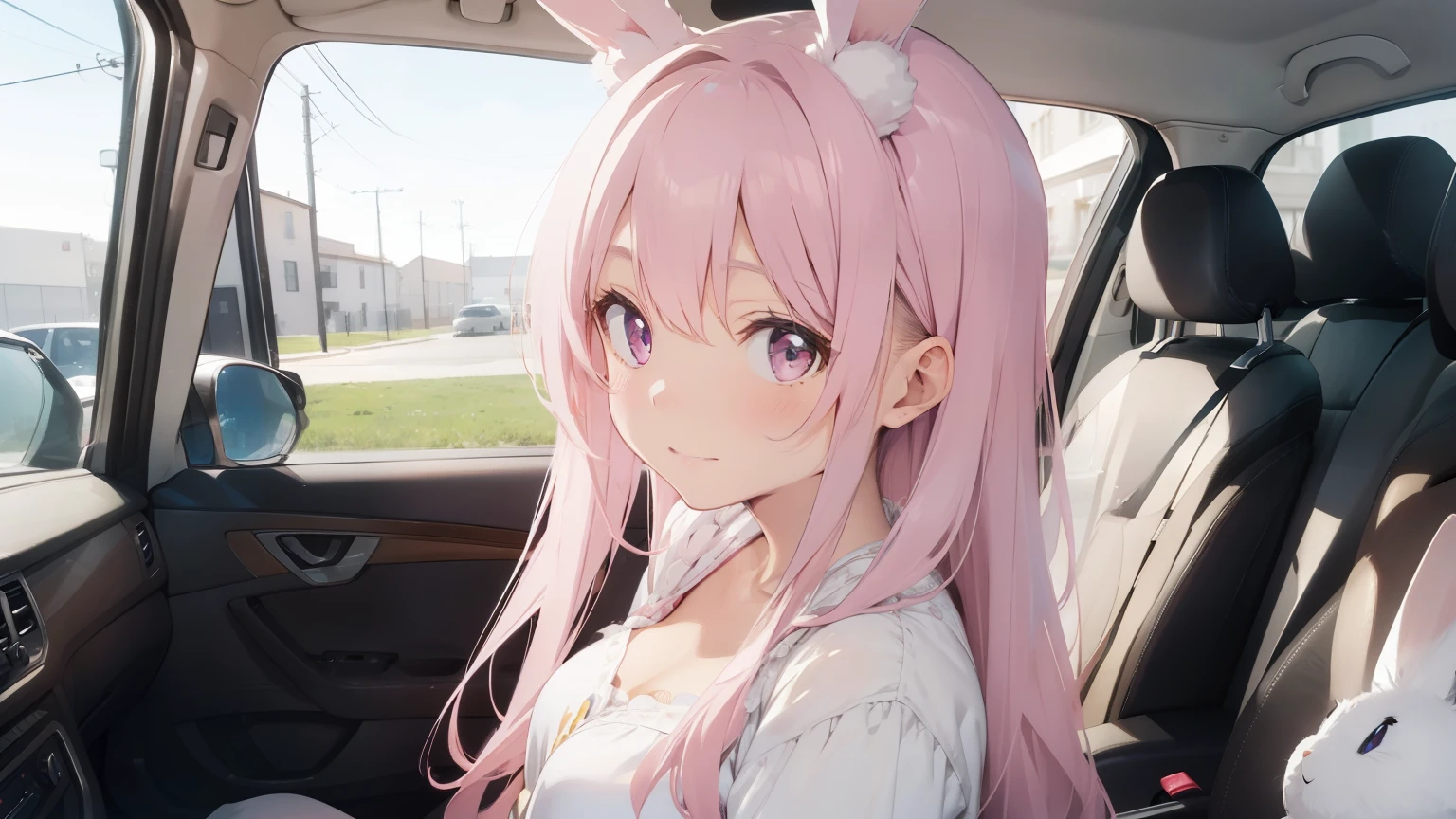 beautiful illustrations, highest quality, pretty girl, pastel colour, fluffy rabbit ears, pink long hair,light pink eyes,inside the car,car sex