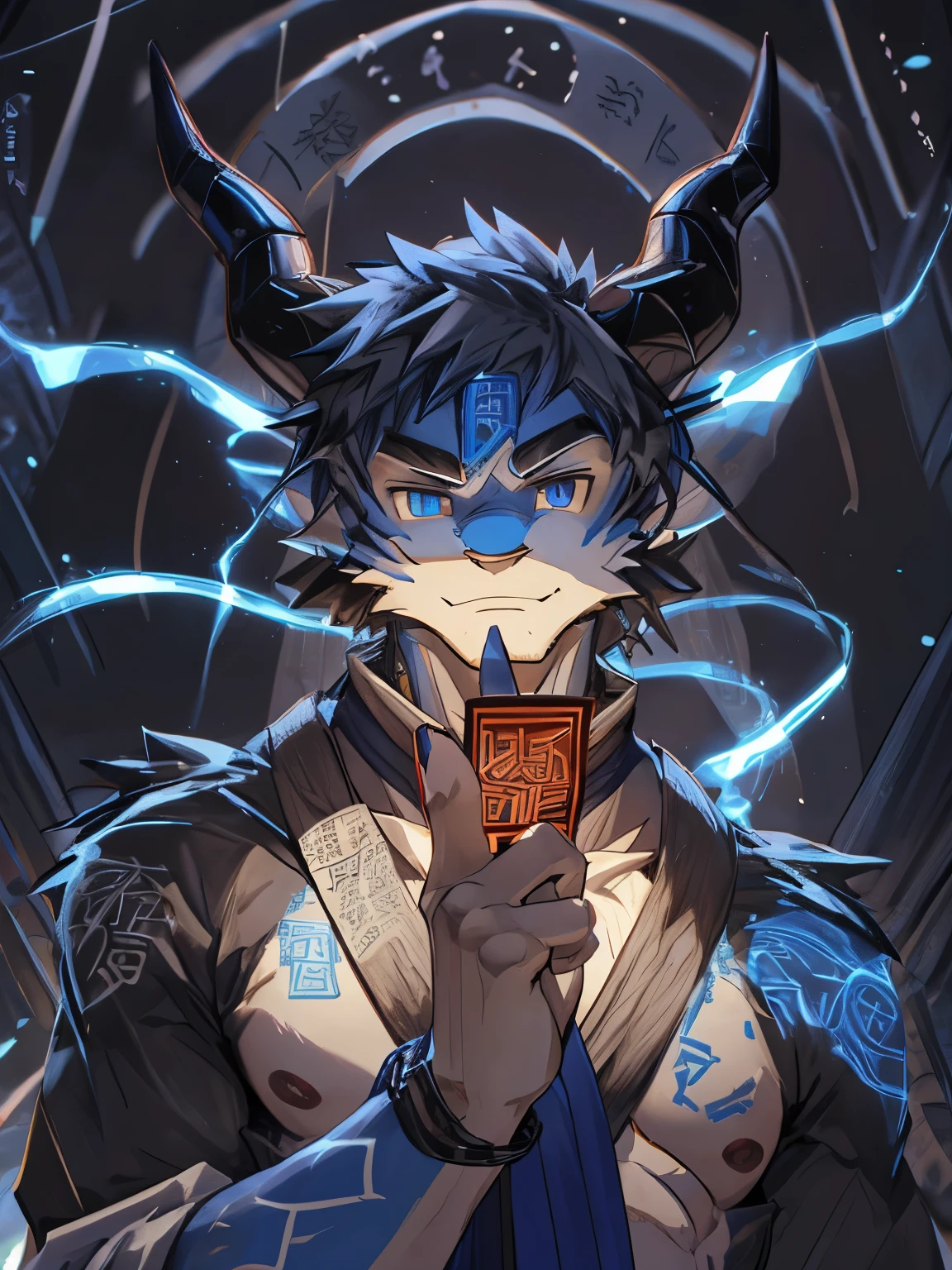 (best quality, 8k, highres, masterpiece:1.2), ultra-detailed, realistic:1.37, dragon, male, ((blue skin)), ((red tribal tattoos scattered across body)), horns on the head, dragon wings on the back, young, muscular, sorcerer, ((fingers holding a talisman:1.5)), martial arts style, determined gaze, temple in the background