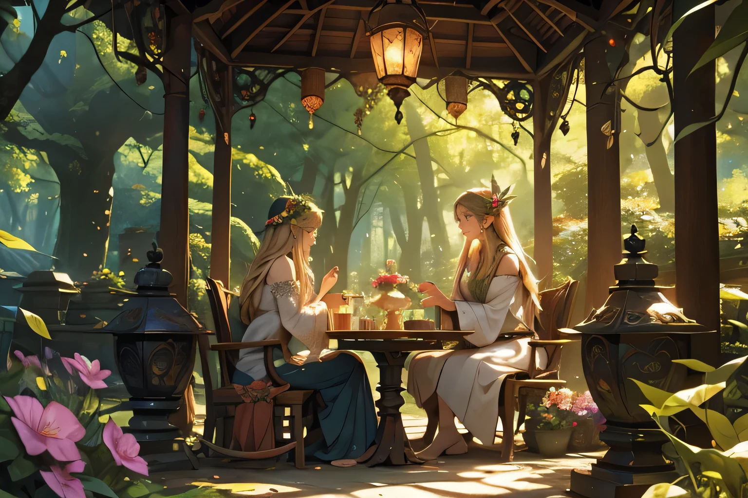 Imagine a scene deep within the heart of the forest, where the Elves dwell in their tranquil village. The village, known as Sylvan Glade, is nestled amidst towering trees and shimmering streams. The Elves, with their graceful movements and ethereal beauty, can be seen going about their daily lives. Some are tending to the lush gardens filled with exotic flowers and herbs, while others are engaged in lively conversations or practicing ancient arts of magic. Sunlight filters through the canopy, casting dappled patterns of light and shadow on the forest floor, creating an atmosphere of serenity and magic. As night falls, the village comes alive with the soft glow of lanterns and the gentle melodies of Elven songs filling the air, weaving a sense of enchantment and wonder throughout the forest