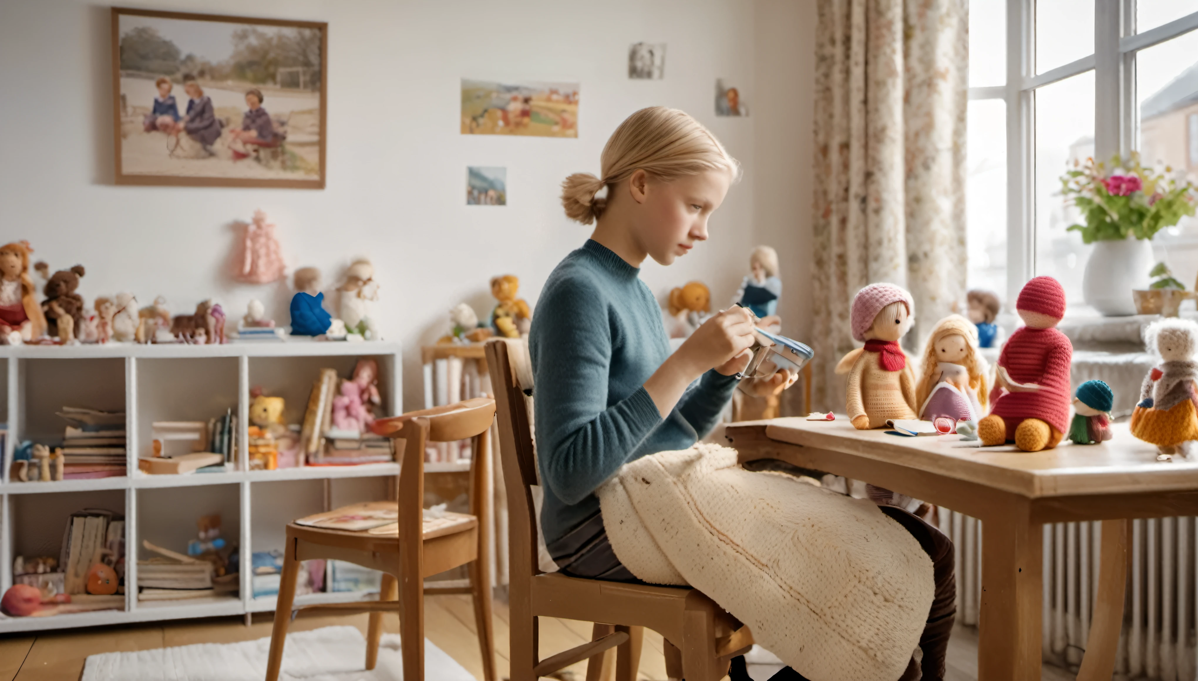 cinematic photo style by Henri Cartier-Bresson, 1 girl 14 years old with a woman with short blond hair, girl crocheting knitted toys while sitting in a deep chair, Group portrait, against the background of a white wall of children&#39;s drawings and a window with curtains, on a wooden table there is one white mug full of tea, books, film, bokeh, professional, 4k, highly detailed,