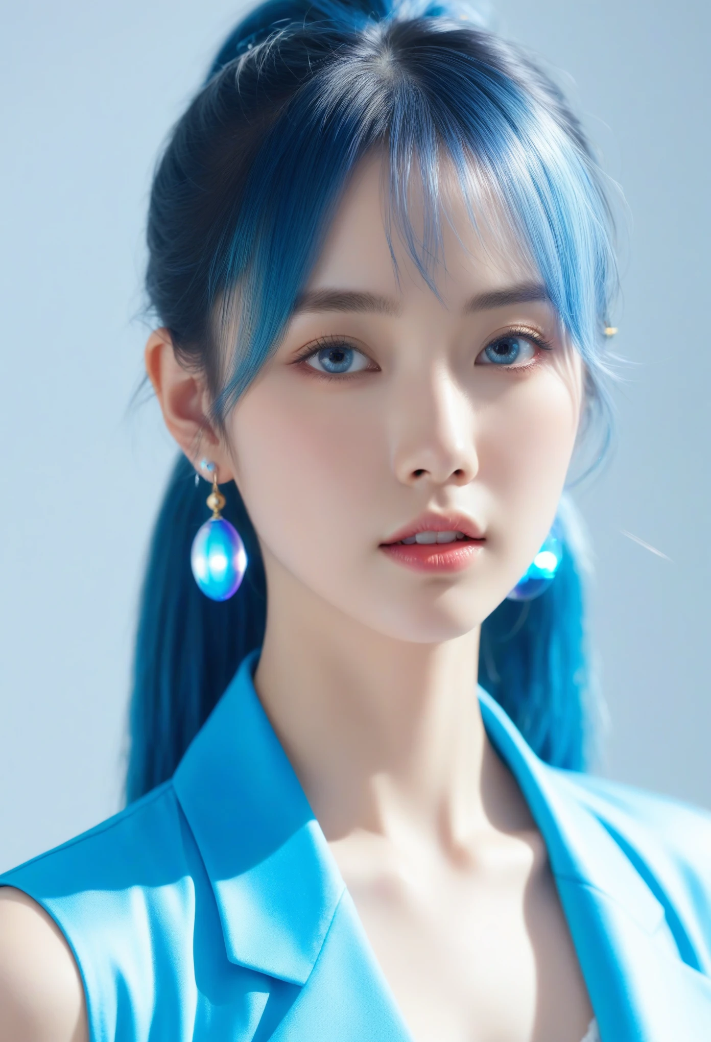 (masterpiece), (best quality), (Super detailed),(disheveled hair),(illustration), (1 girl), (fashion clothing), permanent, fashion model, looking at the audience, (interview), (Simple background),Beautiful and delicate eyes, Exquisite and beautiful face, floating,(high saturation),(colorful splash),Colorful bubbles,(shining), focus on face, ponytail, Ayaka Uesou, light blue hair, Bangs, hair ring, floating花朵, floating hair, (shining), best lighting, best shadow,