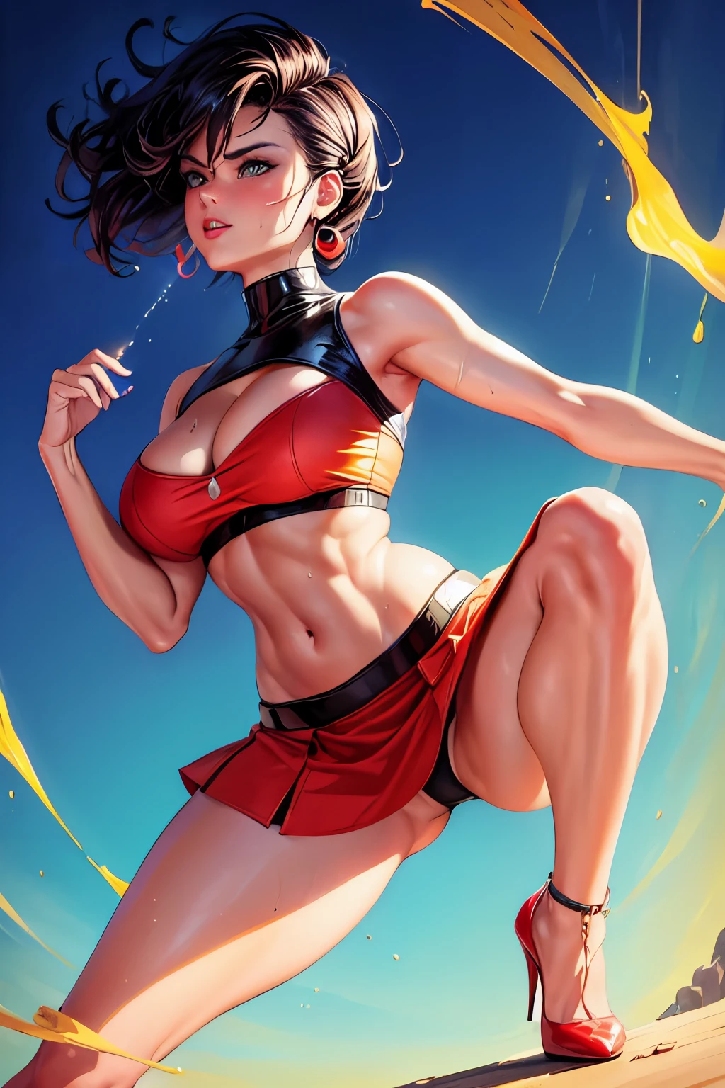 (best quality, highres:1.5), 1 girl, hot, split legs, fit body, seductive pose, low-angle shot, sweat dripping down body, glistening skin, bold expression, confident, curves accentuated, revealing outfit, silky legs, toned muscles, short skirt, exposed midriff, revealing cleavage, high heels, intense gaze, fiery passion, bold colors, vibrant hues, studio lighting, dramatic shadows, intense focus, voluptuous, immaculate, enticing, sultry, alluring, bold attitude, seductive allure, captivating, curvaceous figure, commanding presence, statement piece.