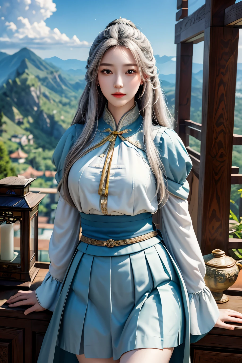 best quality, masterpiece, Super detailed, detail light, (original photo:1.2), (lifelike:1.4),(masterpiece:1.3),(best quality:1.4) 1 girl, Detailed face, alone, above waist, long hair, Sky, skirt, armor, cloud, Chinese clothes