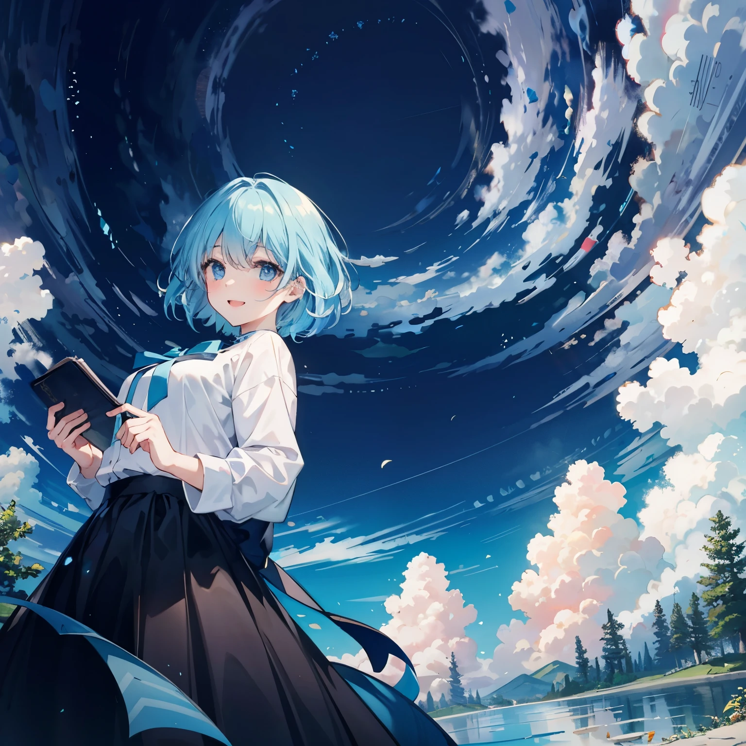 blue skirt.,book,Open-mouthed smile, top quality, masterpiece, Beautiful blue eyes, short dark blue hair,