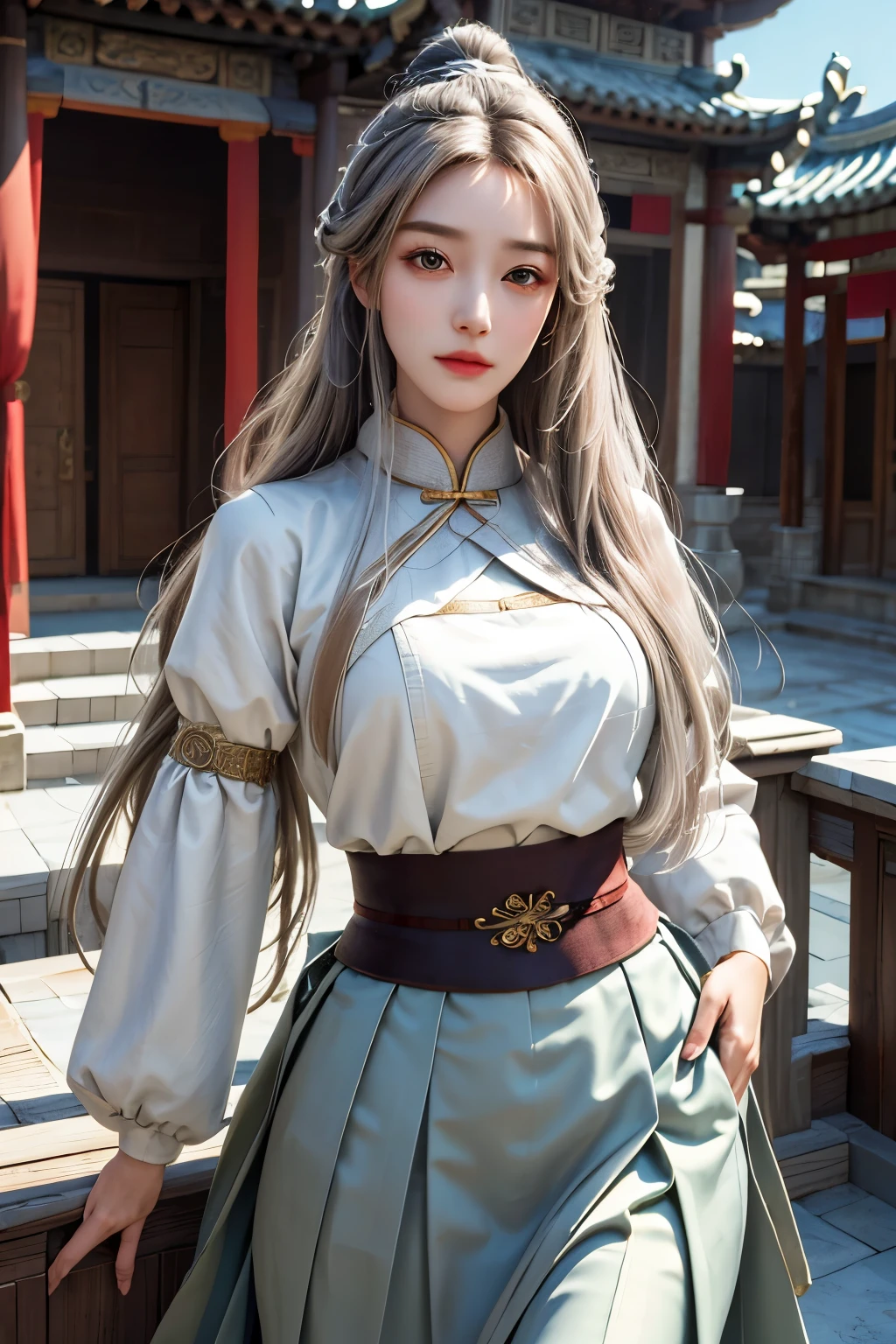 best quality, masterpiece, Super detailed, detail light, (original photo:1.2), (lifelike:1.4),(masterpiece:1.3),(best quality:1.4) 1 girl, Detailed face, alone, above waist, long hair, Sky, skirt, armor, cloud, Chinese clothes