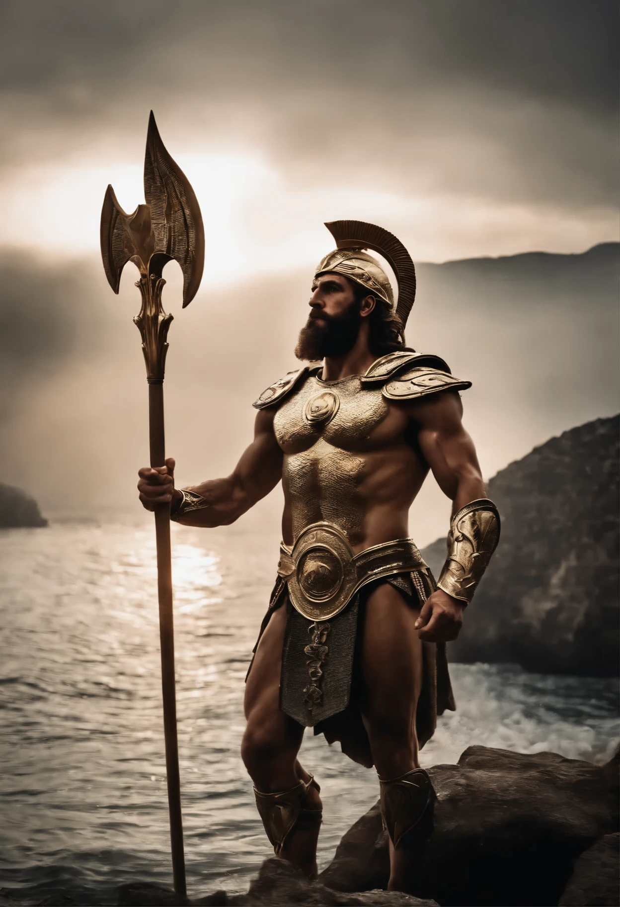Poseidon imposing greek god with his armor and behind on mount olympo
