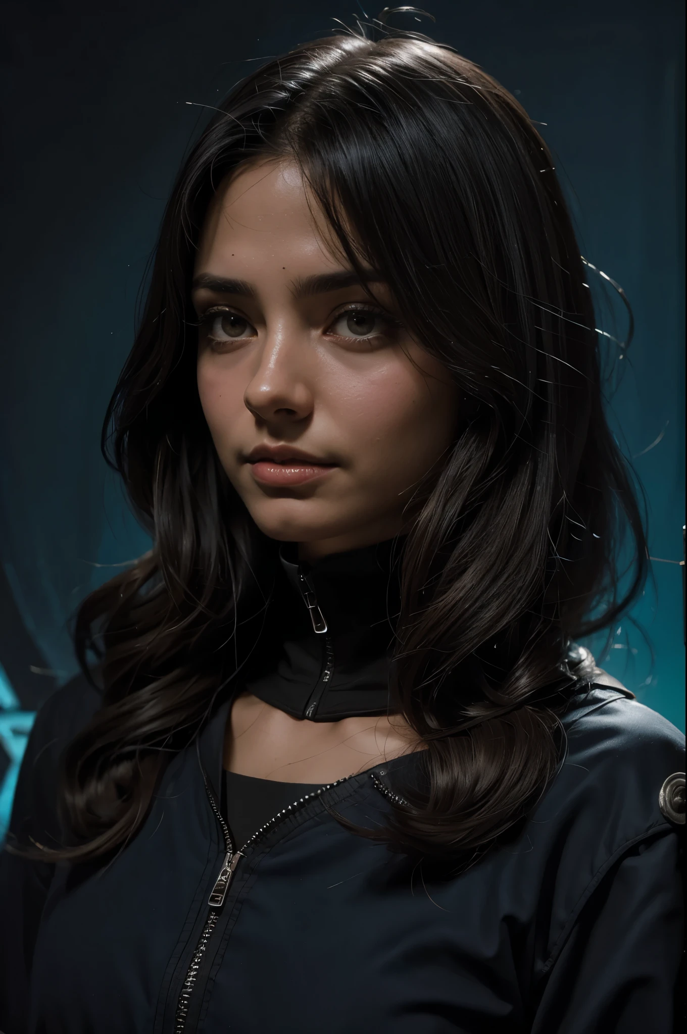 (Enfoque frontal), (en la oscuridad: 1.6), Retratos femeninos surrealistas de David Hockney y Alphonse Mucha, Belleza perfecta 1:1 fantasy art, photographic realism, dynamic lighting, art station, poster, volumetric lighting, caras muy detalladas, 4k, Premiado, 1 chica, en la oscuridad, sombra profunda, Clave baja, tiro de vaquero, (Uniforme Oficial: 1.4), pelo largo,