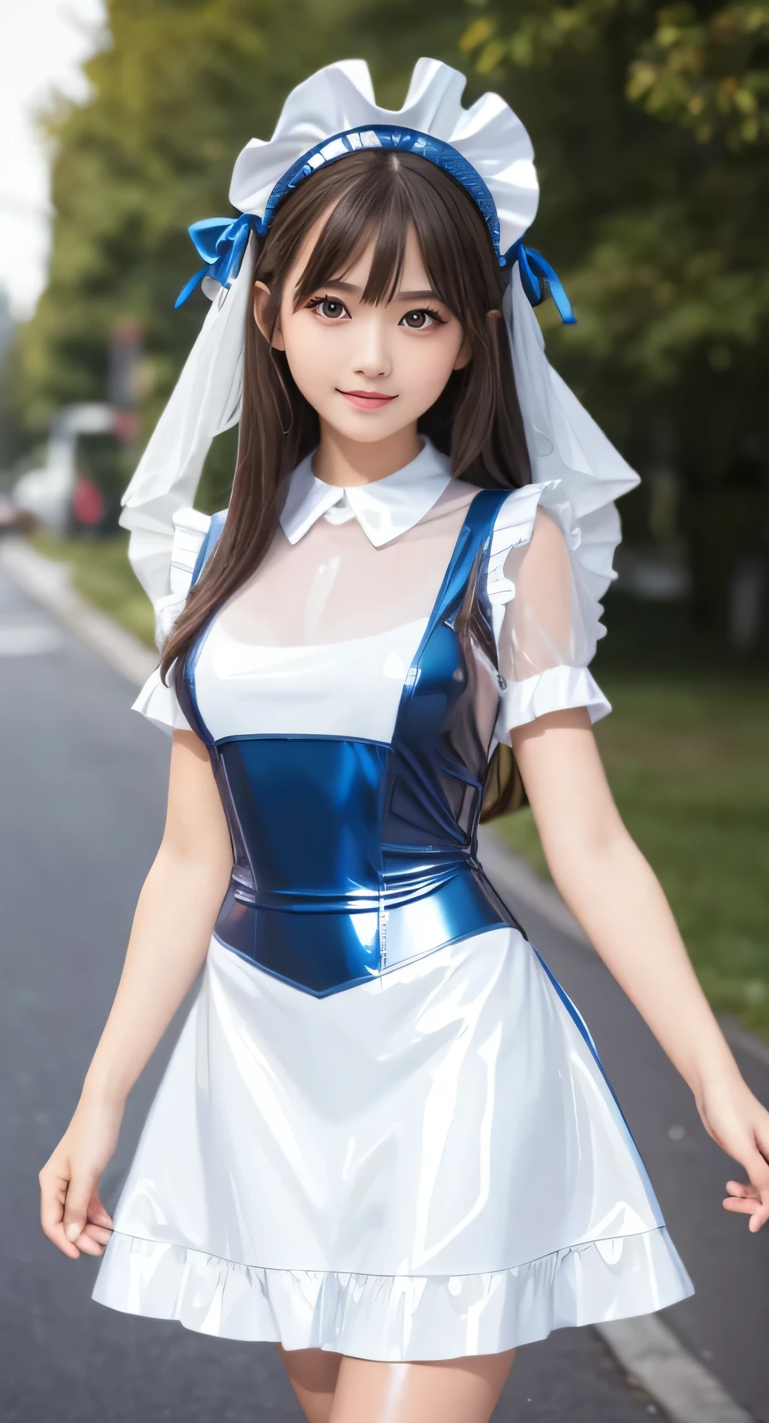 Angelic very beautiful cute young girl,
Beautiful detailed eyes,
Detailed double eyelids,
(Soft Saturation: 1.3),
(Fair skin: 1.3),v-line jaw,
(Large eyes:1.4),
Long straight brown hair,
see-through bangs,(15 yo:1.3),
Sharp Focus,
beautiful detailed face and eyes,
drooping eyes,
small straight nose,
small mouth,
happy smiling with visible teeth, 85mm lens, F/8.0,BREAK (Super shiny white and blue latex maid costume :1.3),Walking,Brown hair ,(Costumes with strong reflective surfaces:1.3),
(Best Quality:1.2),(Maid latex costume:1.5),
Raw photo,
High resolution,
perfect detail,
Professional Photography,
Professional Lighting,
Powerful lighting of the costume,In the street