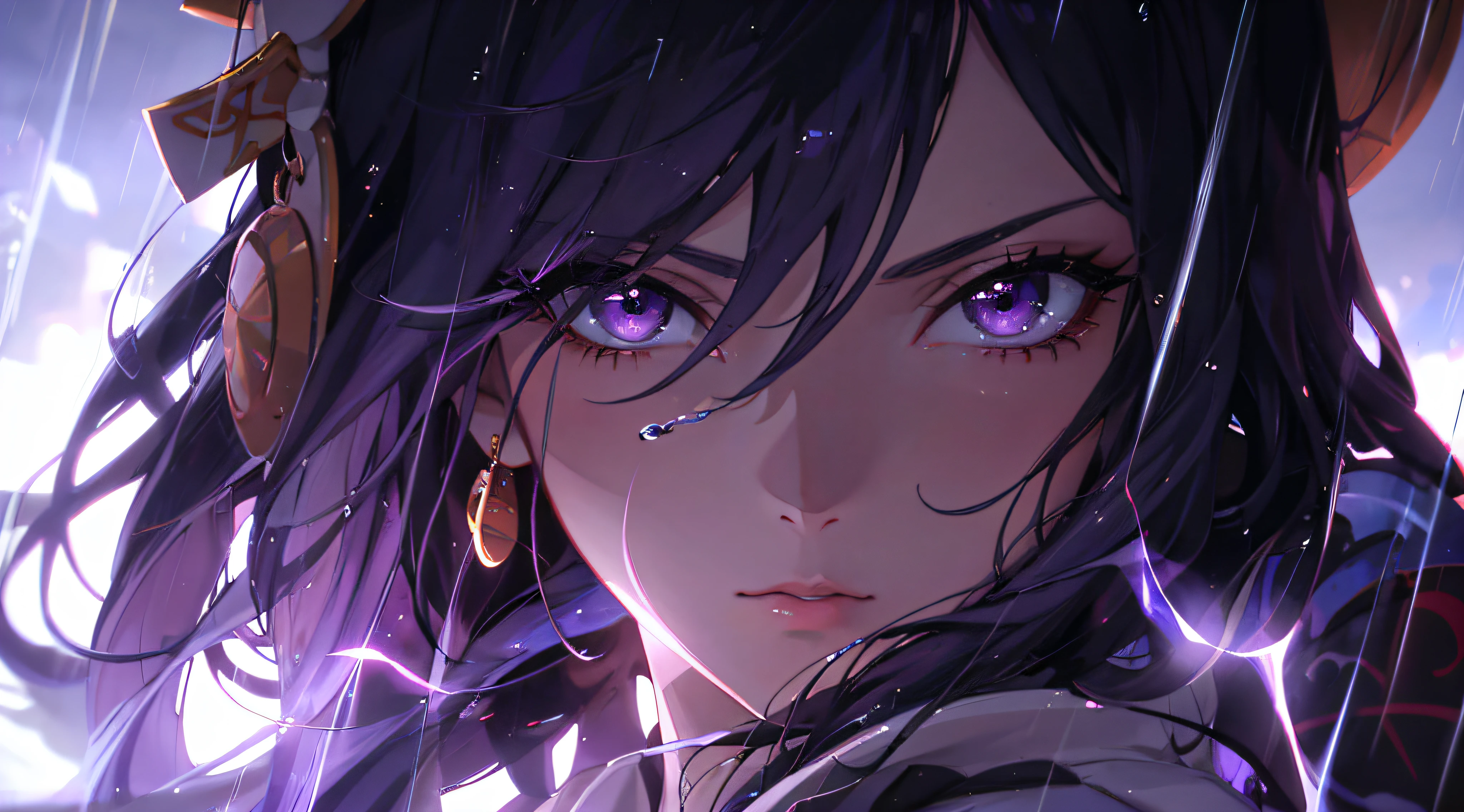 Anime girl with purple eyes and purple hair in the rain, Detailed digital anime art, anime style4 K, anime art wallpaper 4k, anime art wallpaper 4k, 4k anime wallpaper, anime art wallpaper 8k, anime wallpaper 4k, anime wallpaper 4k, Stunning anime face portrait, digital anime art, extremely detailed art germ, Art embryo. High detail