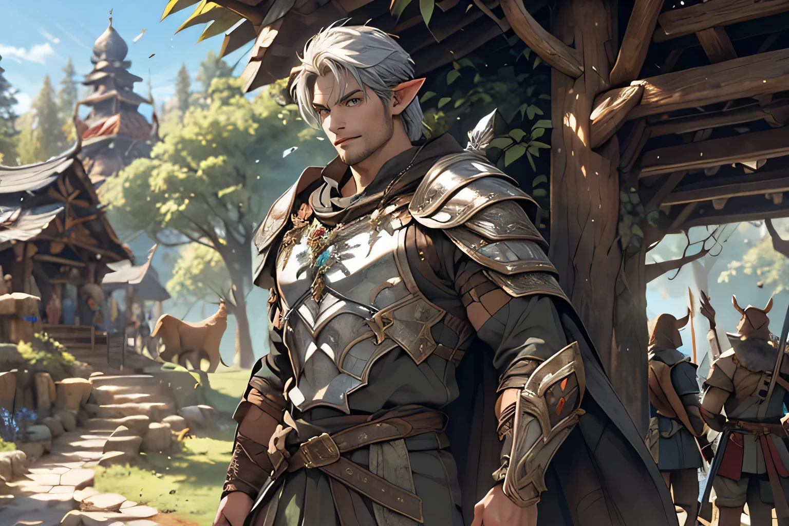Sure, here's a prompt for an Elven warrior with a bow in an Elven village:
"Create an image of an Elven warrior standing tall and vigilant in the heart of an ancient forest village. The warrior, clad in intricately crafted armor adorned with Elven runes, holds a finely crafted bow in hand, ready to defend the village from any threat that may arise. With keen eyes and unwavering focus, the warrior stands guard amidst the lush greenery and towering trees of the forest. Behind the warrior, the village of Silverleaf Haven can be seen, its wooden structures blending seamlessly with the natural surroundings. Sunlight filters through the canopy, casting a warm glow on the warrior's face as they remain ever vigilant in their duty to protect their homeland."