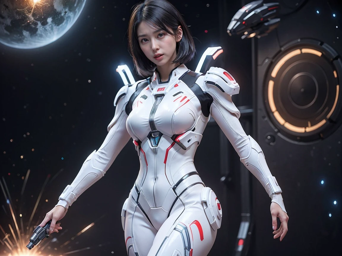 (Raw photo, highest quality), (realistic, Photoreal:1.3), 1 girl、realisticbody、Pleiades space warrior、white and red battle suit skirt、spaceship coming from space、Battle against reptilian aliens、shield and ray gun、serious expression