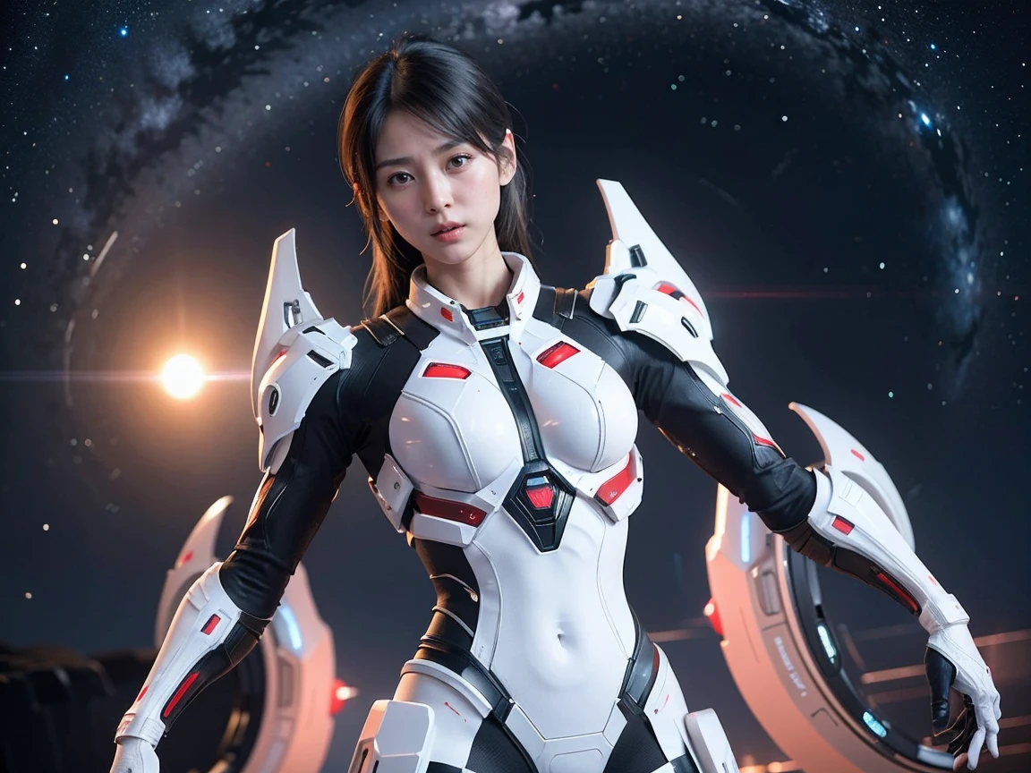 (Raw photo, highest quality), (realistic, Photoreal:1.3), 1 girl、realisticbody、Pleiades space warrior、white and red battle suit skirt、spaceship coming from space、Battle against reptilian aliens、shield and ray gun、serious expression