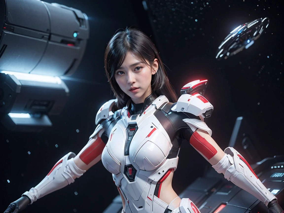 (Raw photo, highest quality), (realistic, Photoreal:1.3), 1 girl、realisticbody、Pleiades space warrior、white and red battle suit skirt、spaceship coming from space、Battle against reptilian aliens、shield and ray gun、serious expression