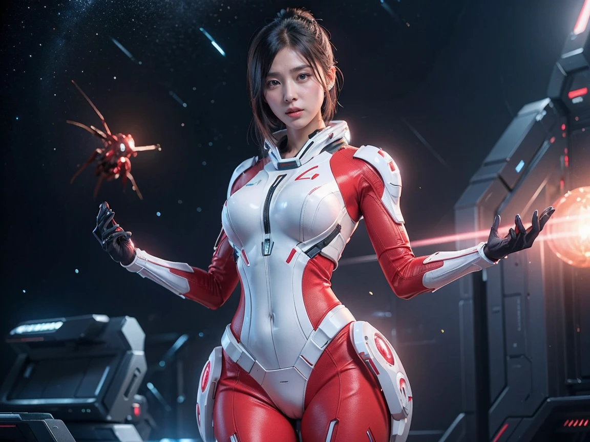 (Raw photo, highest quality), (realistic, Photoreal:1.3), 1 girl、realisticbody、Pleiades space warrior、white and red battle suit skirt、spaceship coming from space、Battle against reptilian aliens、shield and ray gun、serious expression