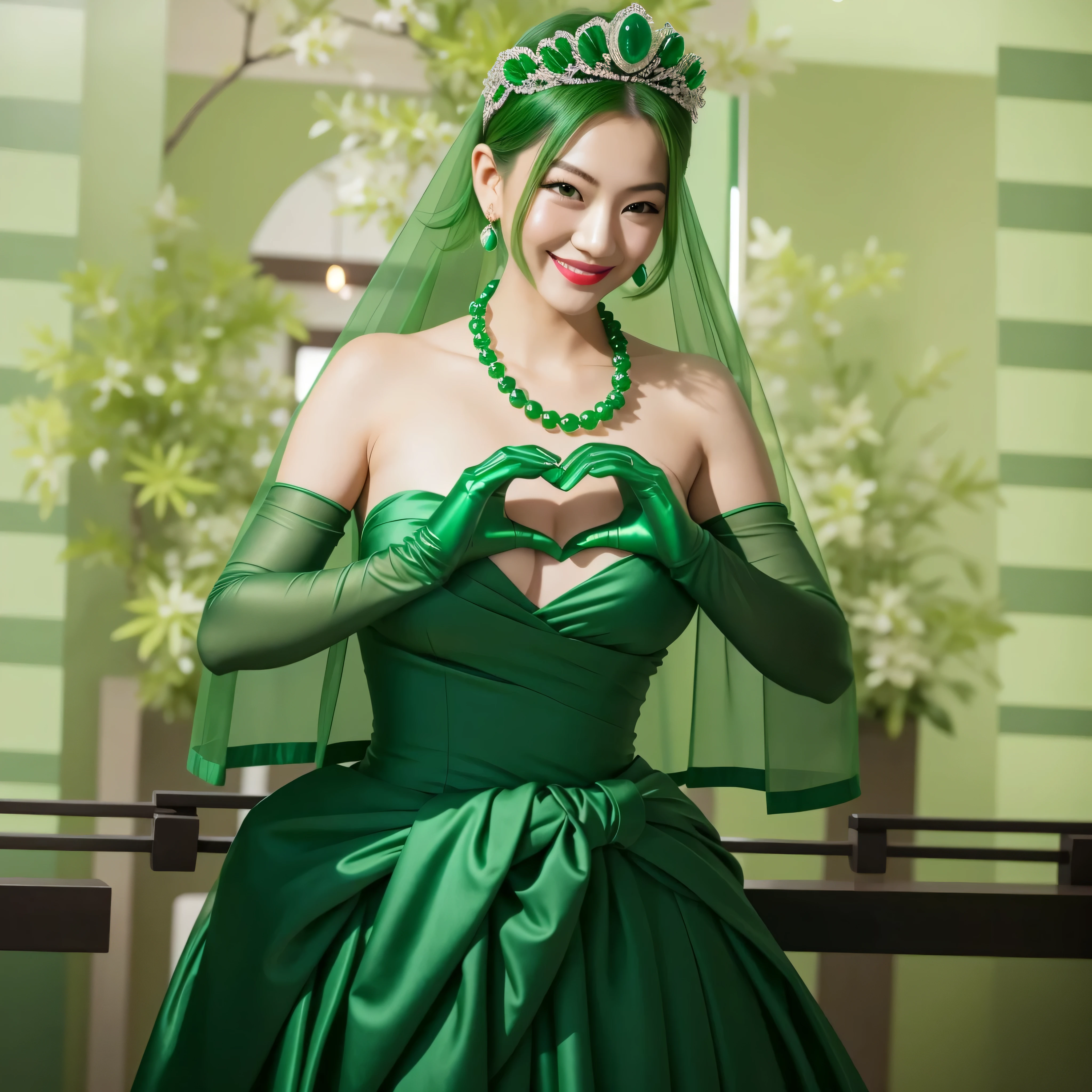 emerald tiara, green pearl necklace, boyish very short green hair, green lips, smiling Japanese woman, very short hair, Beautiful woman with big breasts, green eyes, green satin long gloves, green eyes, emerald earrings, green veil, Heart with both hands, green hair, beautiful japanese woman, heart shaped hands:1.3, green lip gloss