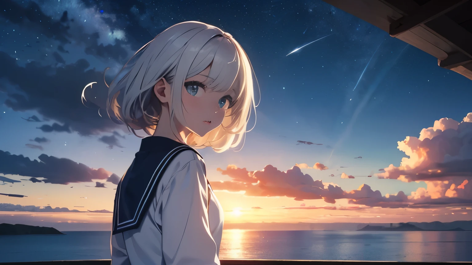 8K、RAW photo、highest quality、masterpiece:1.2)、illustration touch、super detailed、超A high resolution、(wide angle lens)、1 girl、Rear view、silhouette、Don't、pure white hair、sailor suit、deep blue eyes、delicate eyes、Sea side、near sky、evening sky、summer、It's just sunny for you、white skin、calm sea、Beautiful clouds in the distance、faint starry sky