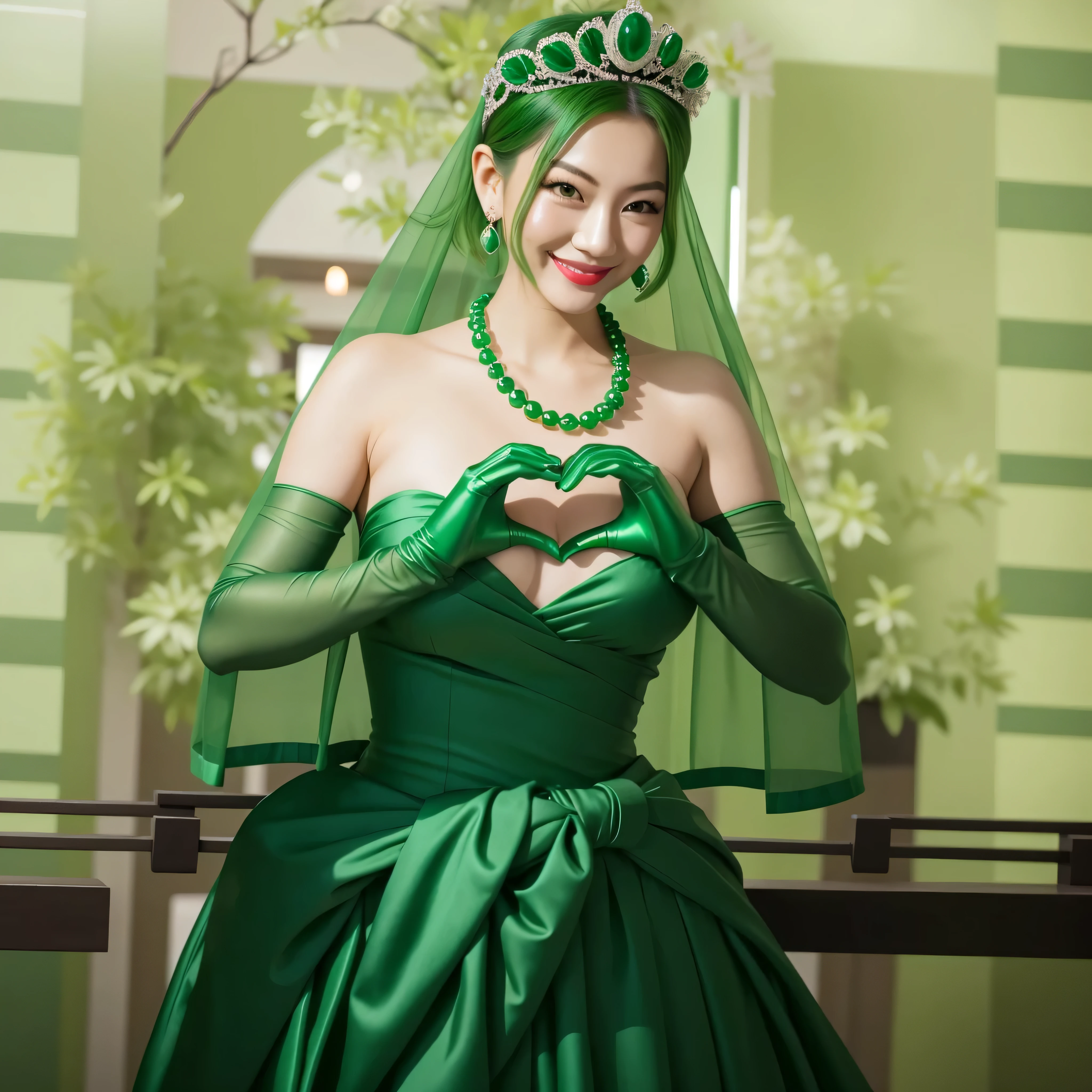 emerald tiara, green pearl necklace, boyish very short green hair, green lips, smiling Japanese woman, very short hair, Beautiful woman with big breasts, green eyes, green satin long gloves, green eyes, emerald earrings, green veil, Heart with both hands, green hair, beautiful japanese woman, heart shaped hands:1.3, green lip gloss