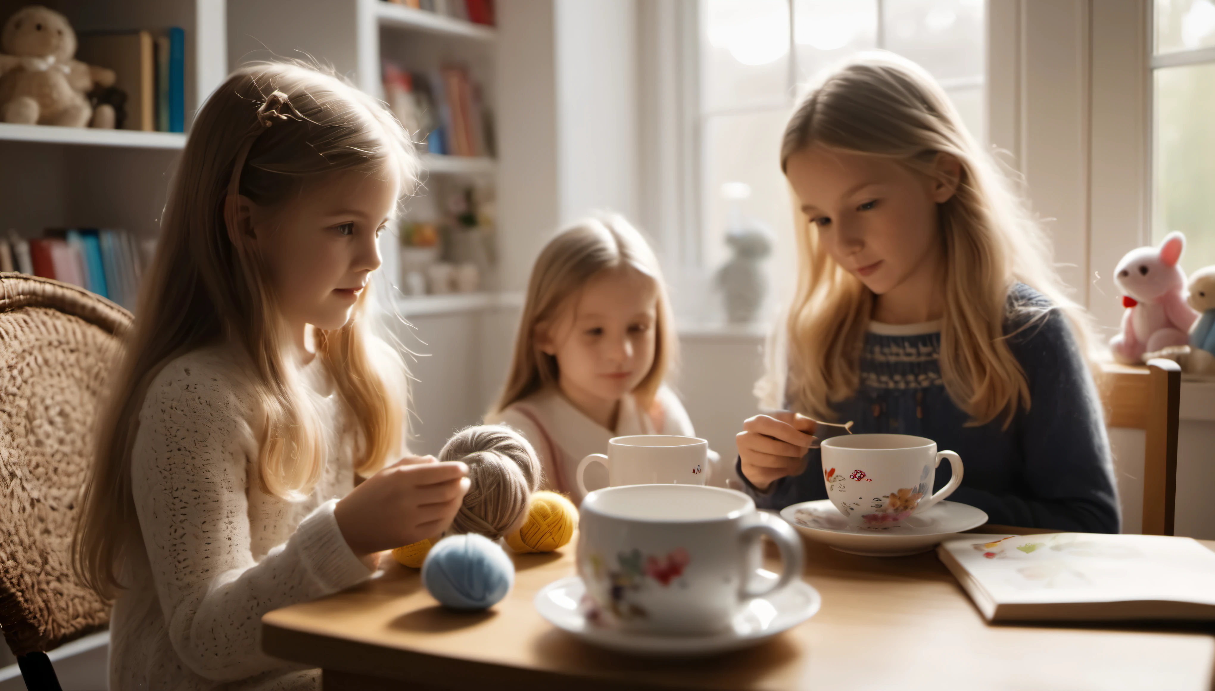 cinematic photo style by Simon Norfolk, 1 girl with long hair along with a woman 50 years old with short blond hair, girl crocheting knitted toys while sitting in a deep chair, Group portrait, against the background of a white wall of children's drawings and a window with curtains, on a wooden table there is one white mug full of tea, books, the sun falls through the window, evening, film, bokeh, professional, 4k, highly detailed,