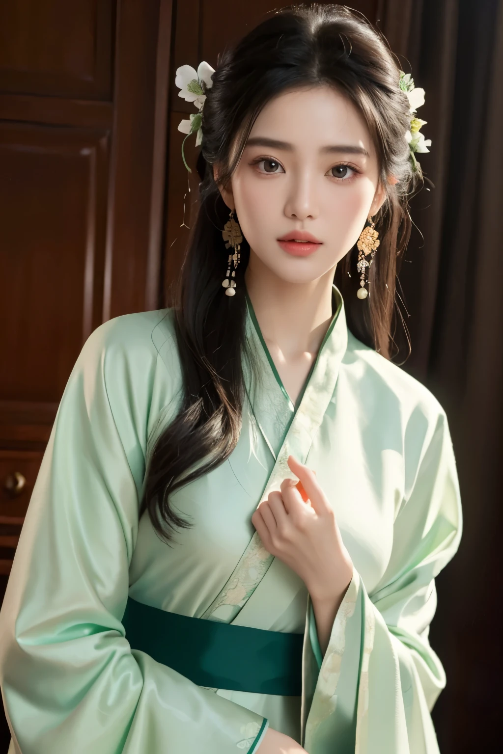 endless realism，（masterpiece，top quality，best quality），（1 girl solo：1.3，facial close-up，upper part of body）， （gentle eyes），（Green embroidered Hanfu，tulle streamers），（hairpin，long black hair），（green hanfu），light pink lips，（young），earring，(clear facial features，Detailed skin texture，beautiful face，facial highlights，above waist）， stand up，fit，8K Ultra HD，SLR，soft light lighting，high-definition，high resolution，（Very detailed CG unified 8k wallpaper）fist