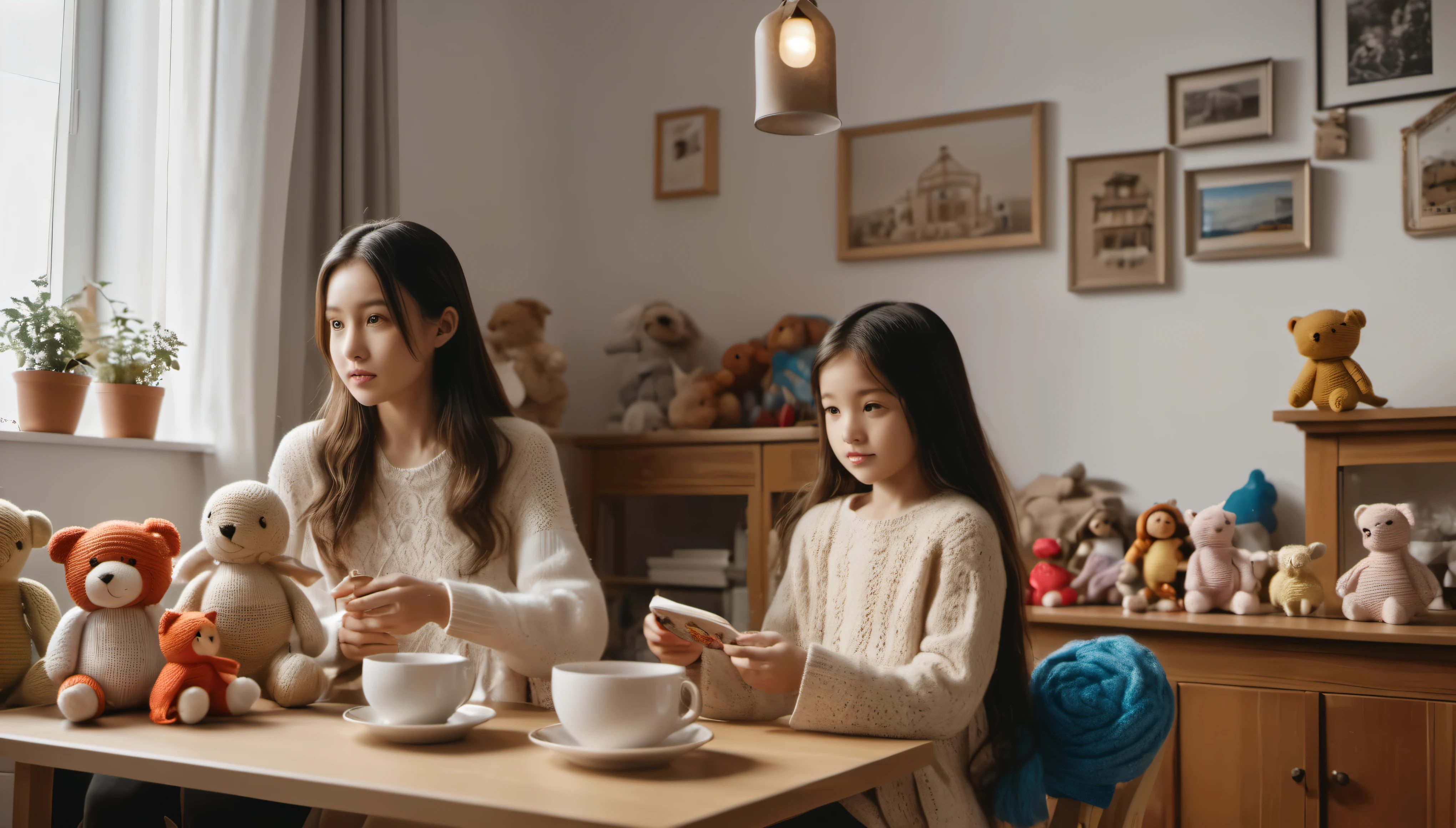 cinematic photo style by Araki, 1 girl with long hair along with a woman 50 years old with short blond hair, girl crocheting knitted toys while sitting in a deep chair, Group portrait, against the background of a white wall of children's drawings and a window with curtains, on a wooden table there is one white mug full of tea, books, Late evening, lighting from lamps, film, bokeh, professional, 4k, highly detailed,