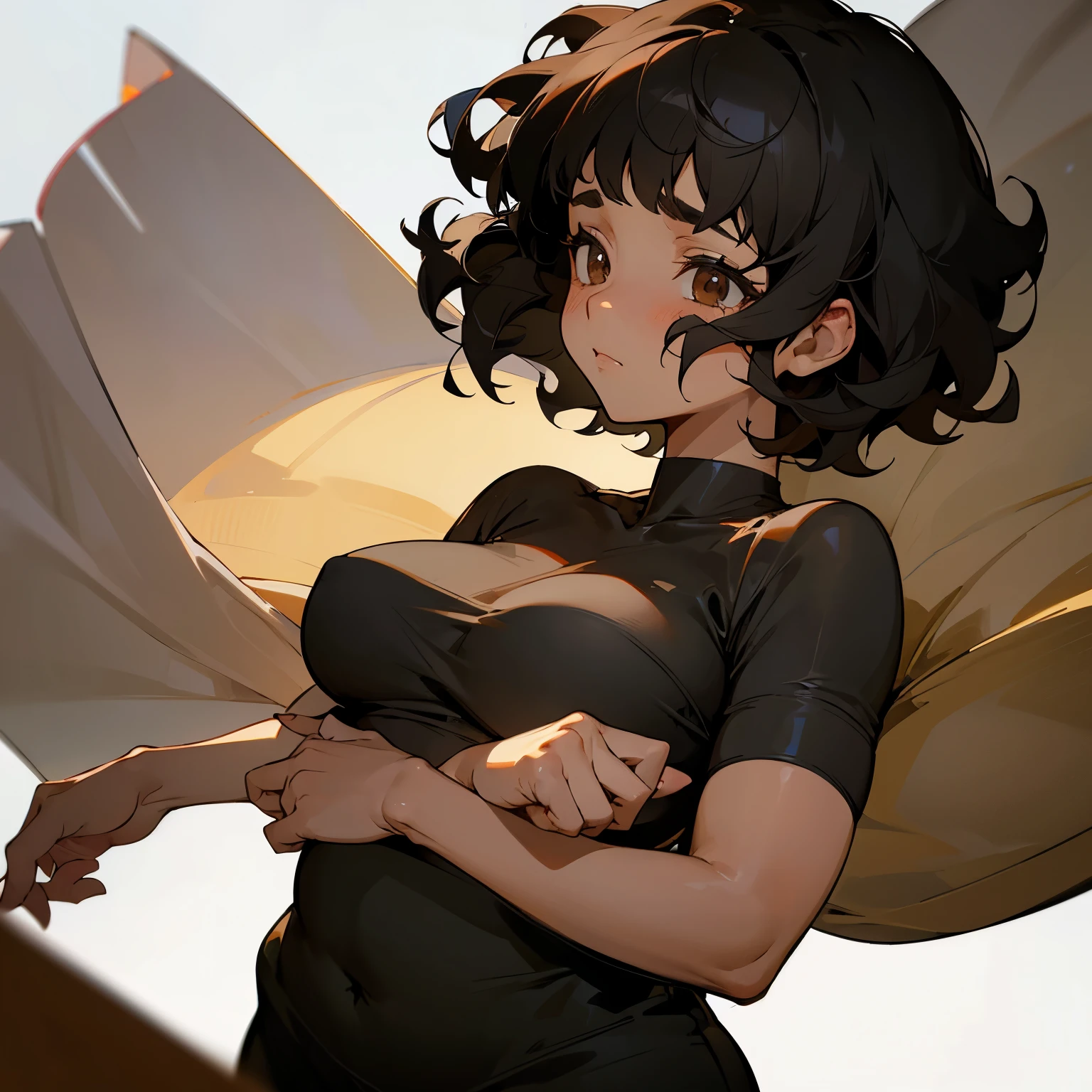 Girl with short black curly hair with fair skin and brown eyes with a sad expression she wears a black gesture and has a slightly chubby body