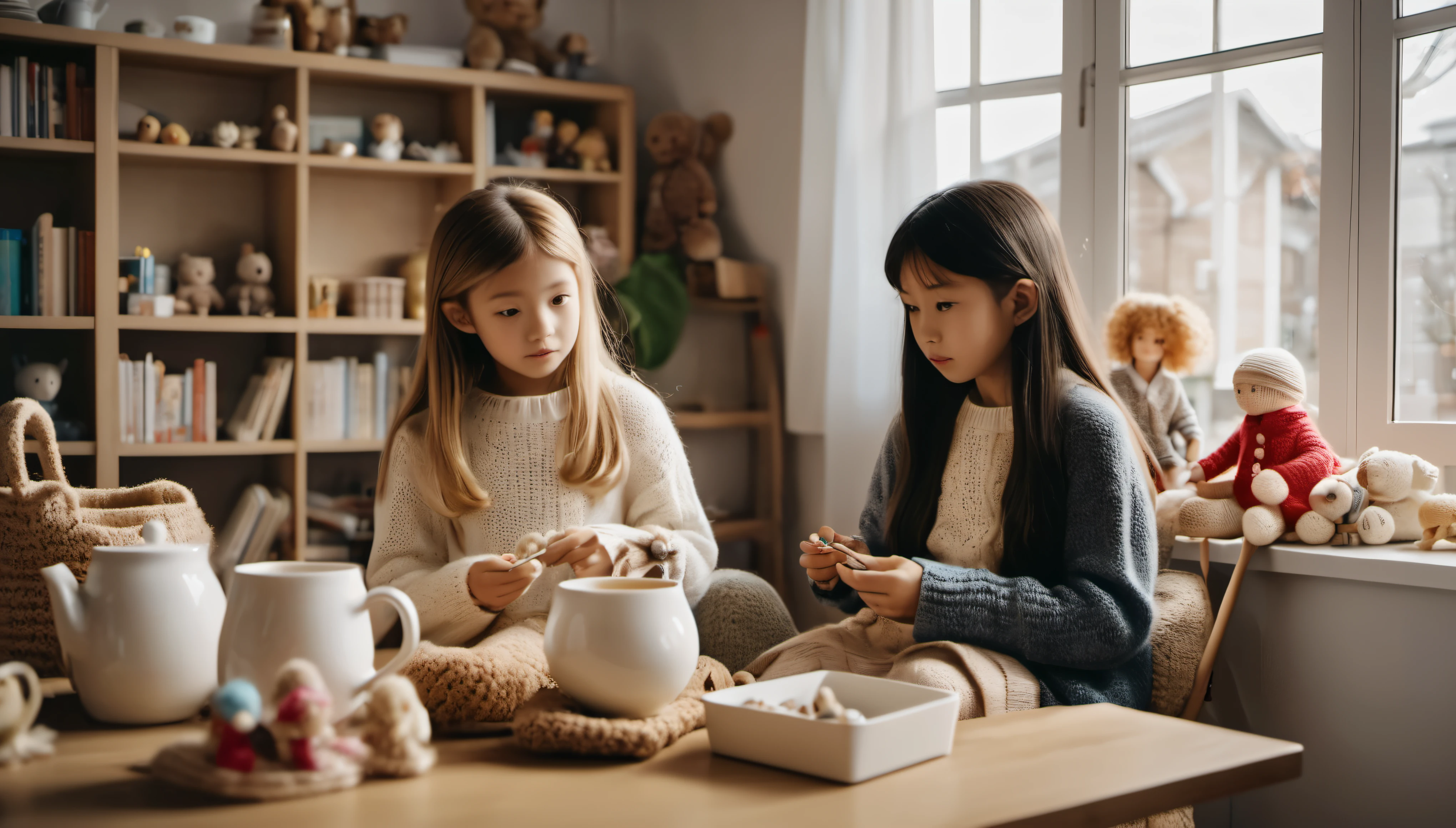 cinematic photo style by Araki, 1 girl 14 years old with long hair along with a woman 50 years old with short blond hair, girl crocheting knitted toys while sitting in a deep chair, Group portrait, against the background of a white wall of children's drawings and a window with curtains, on a wooden table there is one white mug full of tea, books, night, lighting from lamps, film, bokeh, professional, 4k, highly detailed,