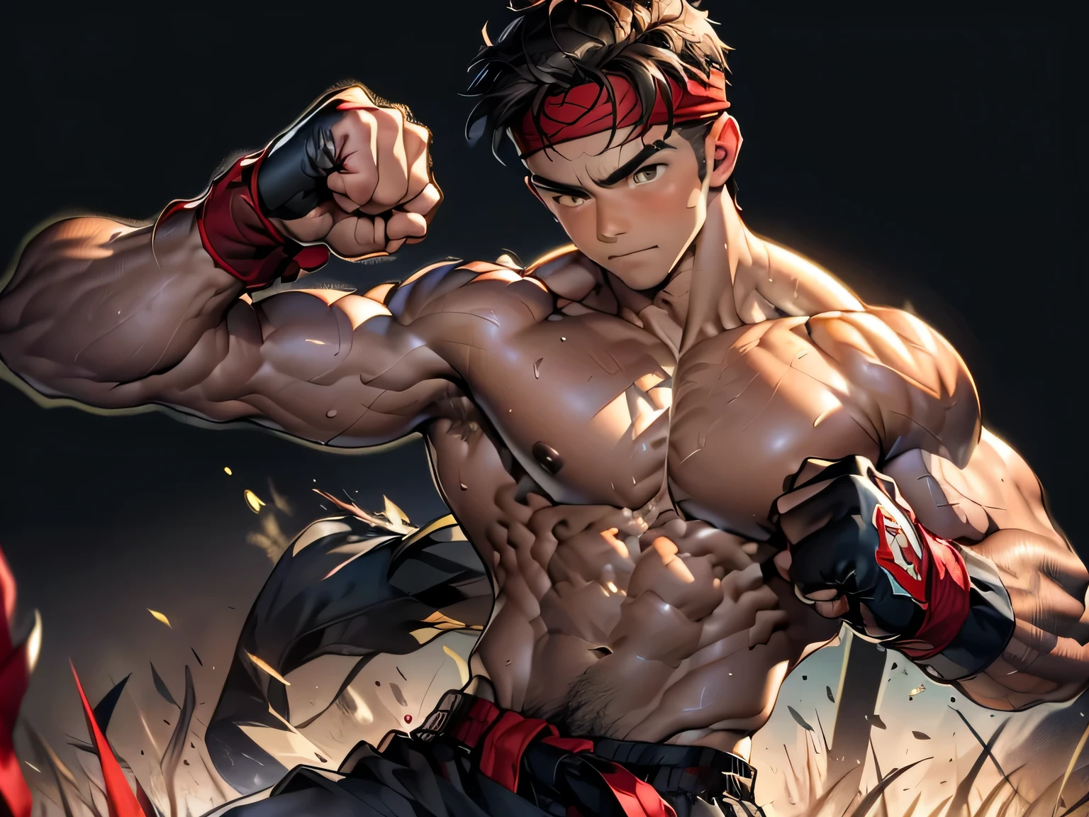 (Masterpiece, Best quality 19 year old boy, simple background, cowboy shot), solo, Young, boy, full bodyesbian, muscler, Shirtless, topless, (Dark Short straight hair, under cut, brown eyes), (red headband, ((black wristband))), Vivid colors, (hot Abs, abs!, big abs, big breast, chest!, muscler upper arms), (topless male), closed mouth, serious, muscler!, muscler body, Man with martial arts stance, (((epic fighting pose, punching pose)))