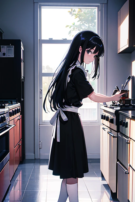 long hair, black hair, black eyes, maid uniform, standing, Straight Face, Fair skin, indoors, kitchen, from side, 1990s (style), --niji 5 --ar 2:3 --s 100