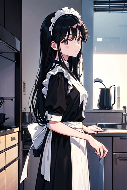 long hair, black hair, black eyes, maid uniform, standing, Straight Face, Fair skin, indoors, kitchen, from side, 1990s (style), --niji 5  --ar 2:3 --s 100
