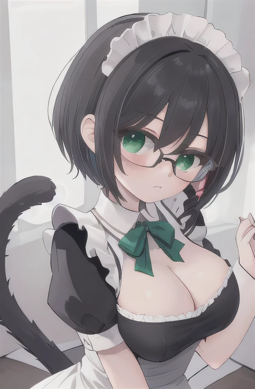 1 Red-haired girl, with glasses, breasts, green eyes, maid's clothes, maid, cleavage, short hair, looking at me, in a room, dark light, big breasts, serious face, holding her apron, cat ears, cat tail