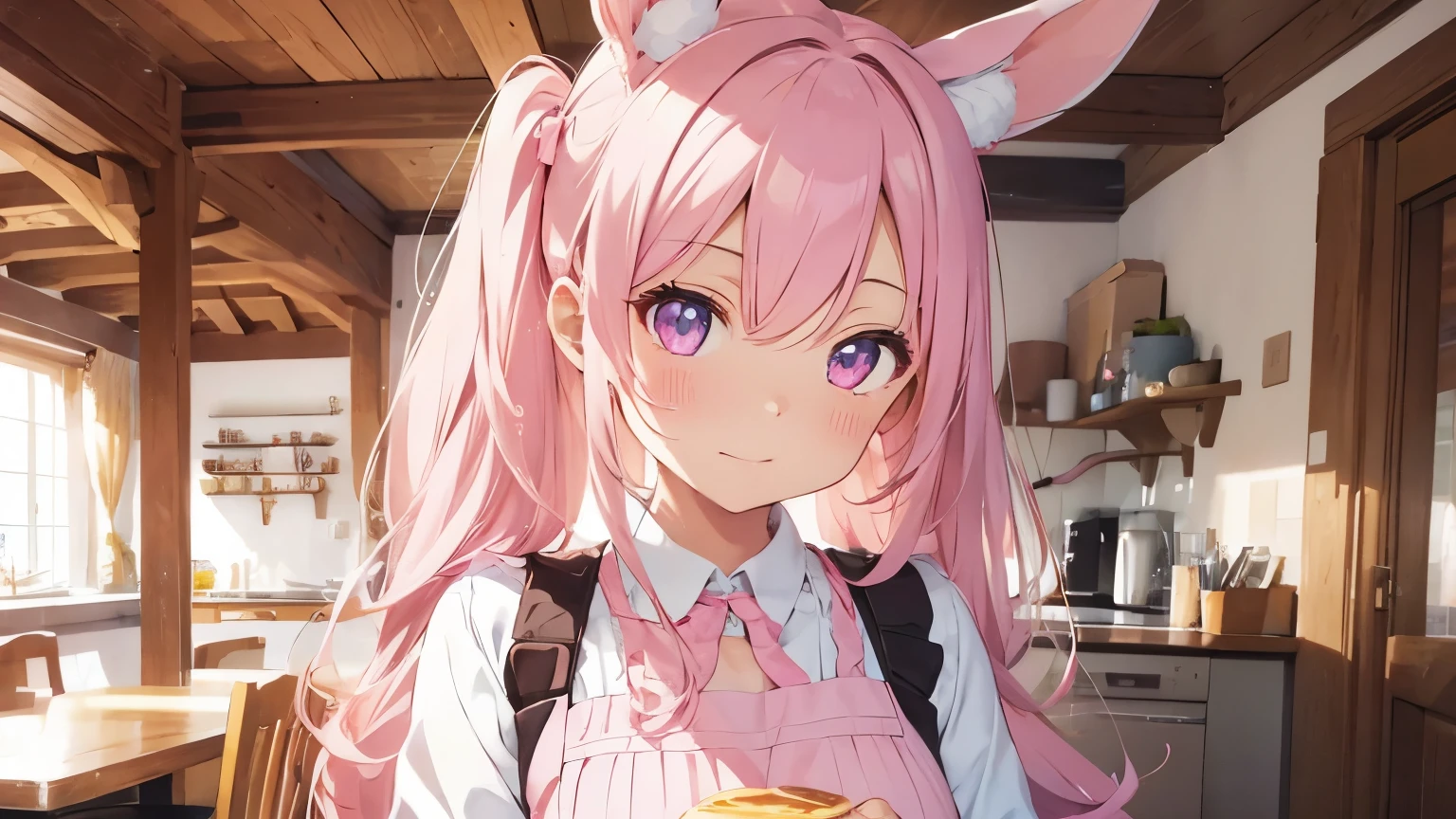 beautiful illustrations, highest quality, pretty girl, pastel colour, fluffy rabbit ears, pink long hair,light pink eyes、apron,make pancakes