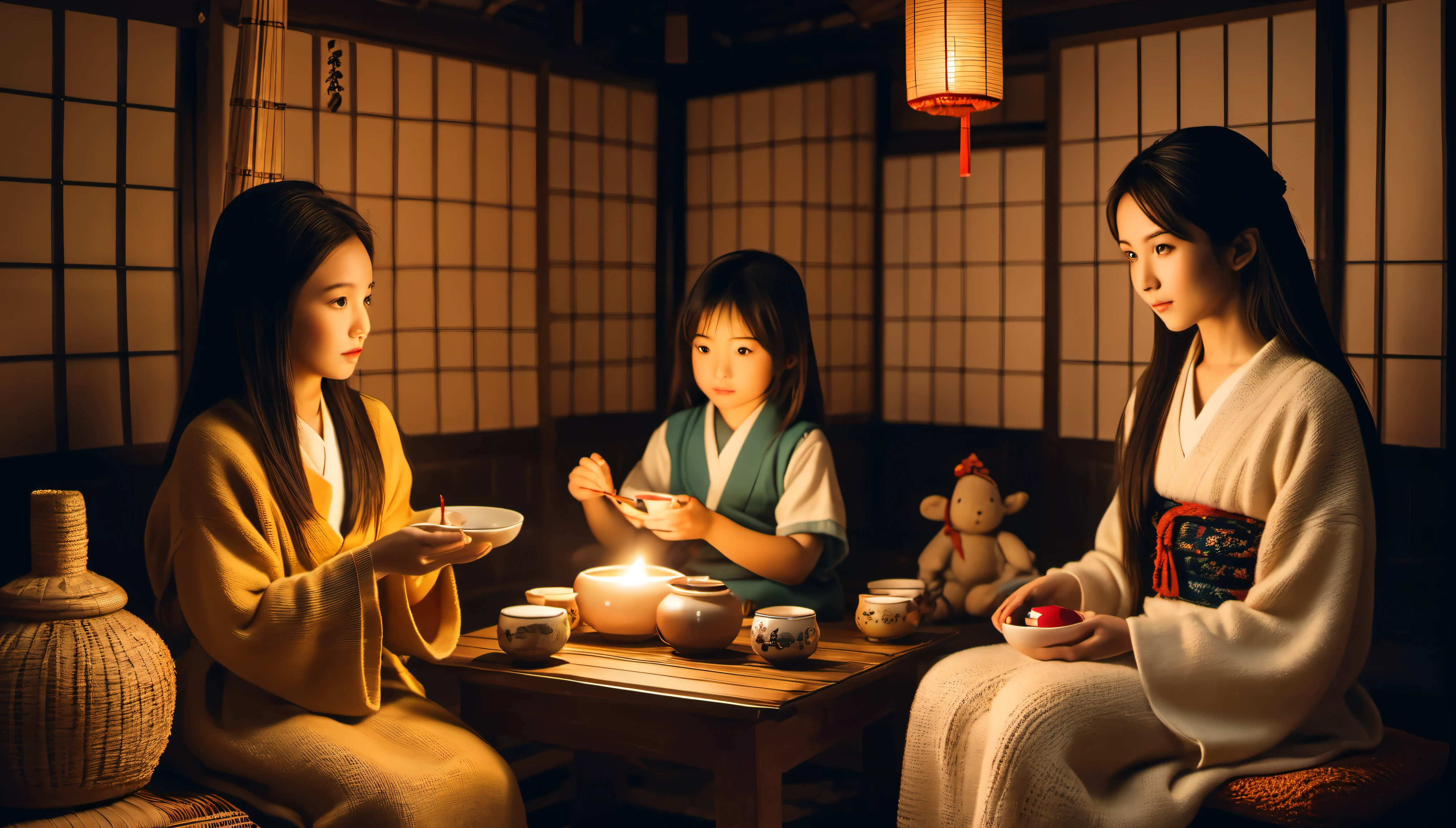 cinematic photo style by Araki, beautiful detailed faces, 1 girl 14 years old with long hair along with a woman 50 years old with short blond hair, girl crocheting knitted toys while sitting in a deep chair, Group portrait, against the background of the interior of a Japanese hut with childrens drawings , there is one beautiful bowl of tea on the bamboo table, books, night darkness, lighting from lamps, film, bokeh, professional, 16k, highly detailed,
