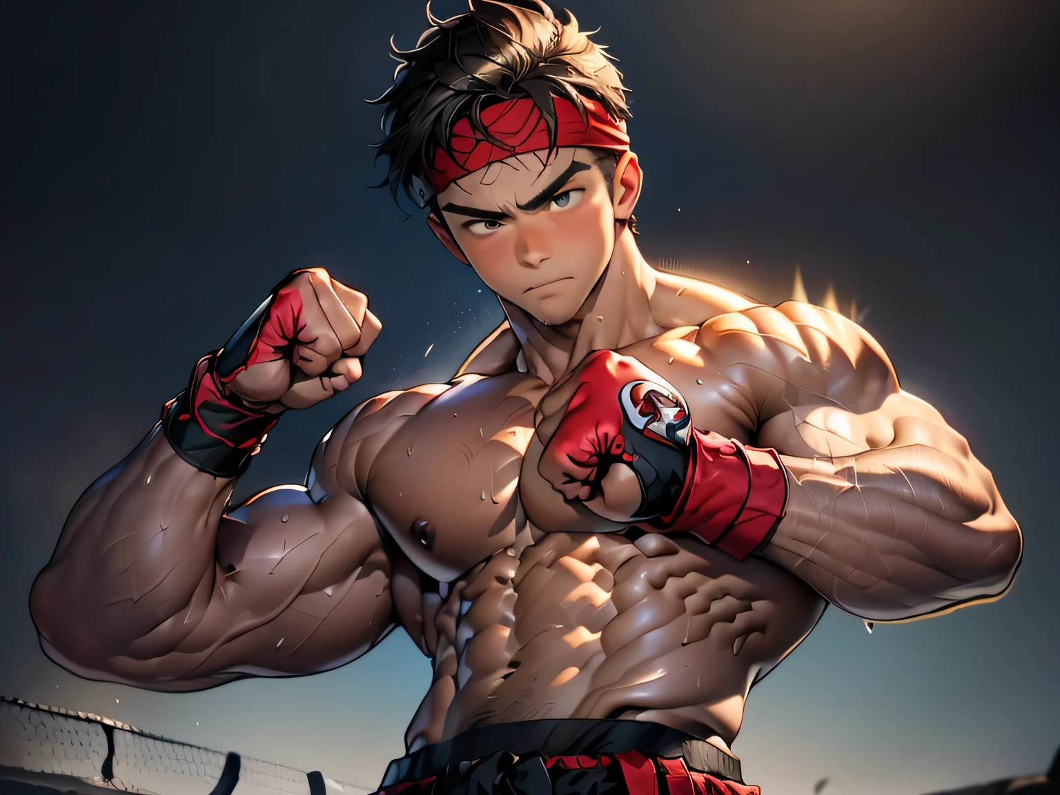 (Masterpiece, Best quality 19 year old boy, simple background, cowboy shot), solo, Young, boy, full bodyesbian, muscler, Shirtless, topless, (Dark Short straight hair, under cut, brown eyes), (red headband, ((black wristband))), Vivid colors, (hot Abs, abs!, big abs, big breast, chest!, muscler upper arms), (topless male), closed mouth, serious, muscler!, muscler body, Man with martial arts stance, (((epic fighting pose, punching pose)))