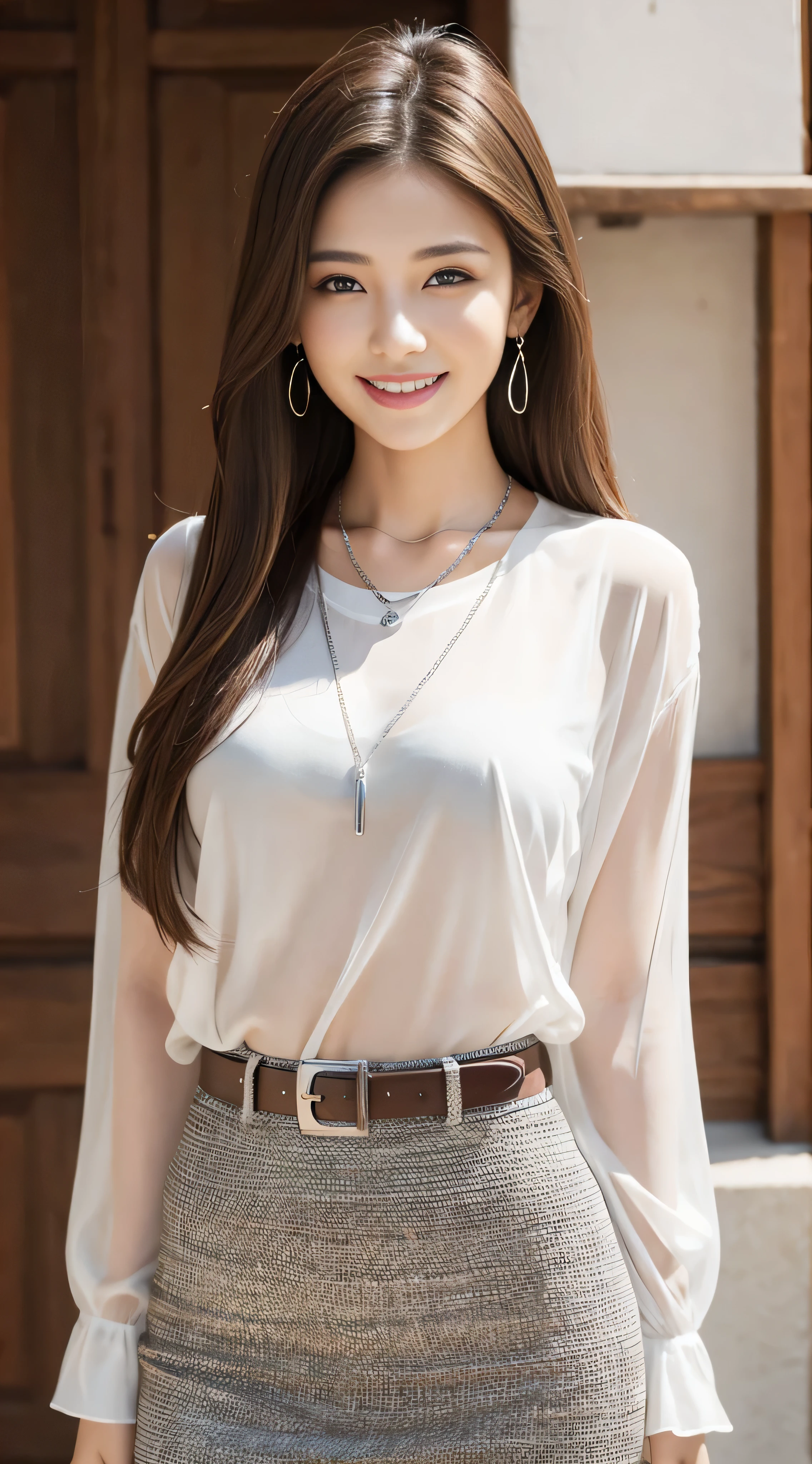 highest quality, masterpiece, 8K, ultra high resolution, (realistic: 1.4), 1 girl, beautiful face, symmetrical eyes, big, perfect body proportions, ((long hair))、((brown hair)), the gaze of the beholder,Front view, Absolute area (1.3),friendly smile、cowboy shot,White see-through shirt、a belt、a black skirt:1.3、((shy smile:1.3)),((silver necklace＿Large earrings:1.2)),