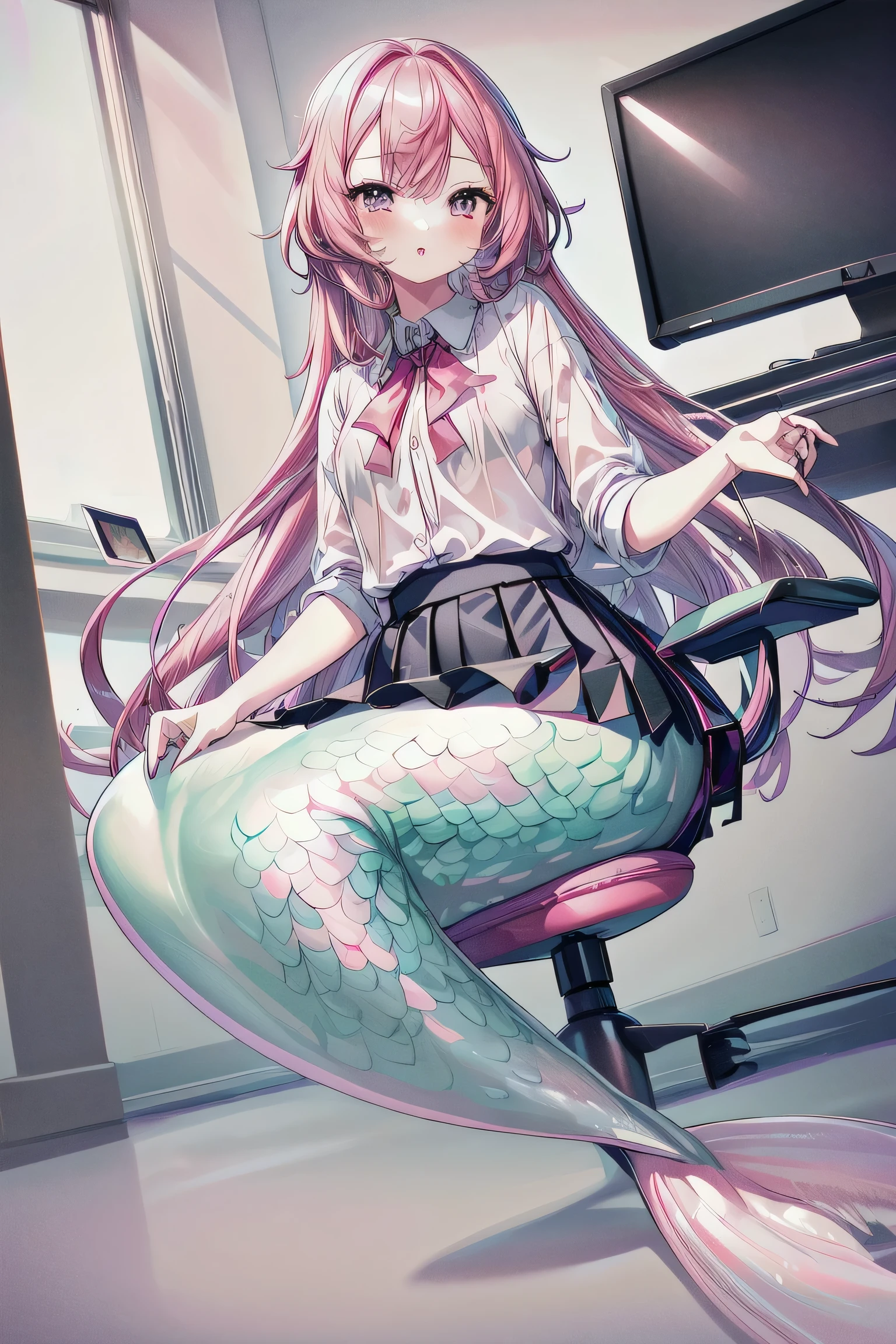 (masterpiece, best quality), A young girl office secretary,Mermaid,Long pink hair,Wear a transparent white shirt、black office skirt,sitting in office chair, (Delicate skin:1.3),(delicate eyes), (sharp focus), 