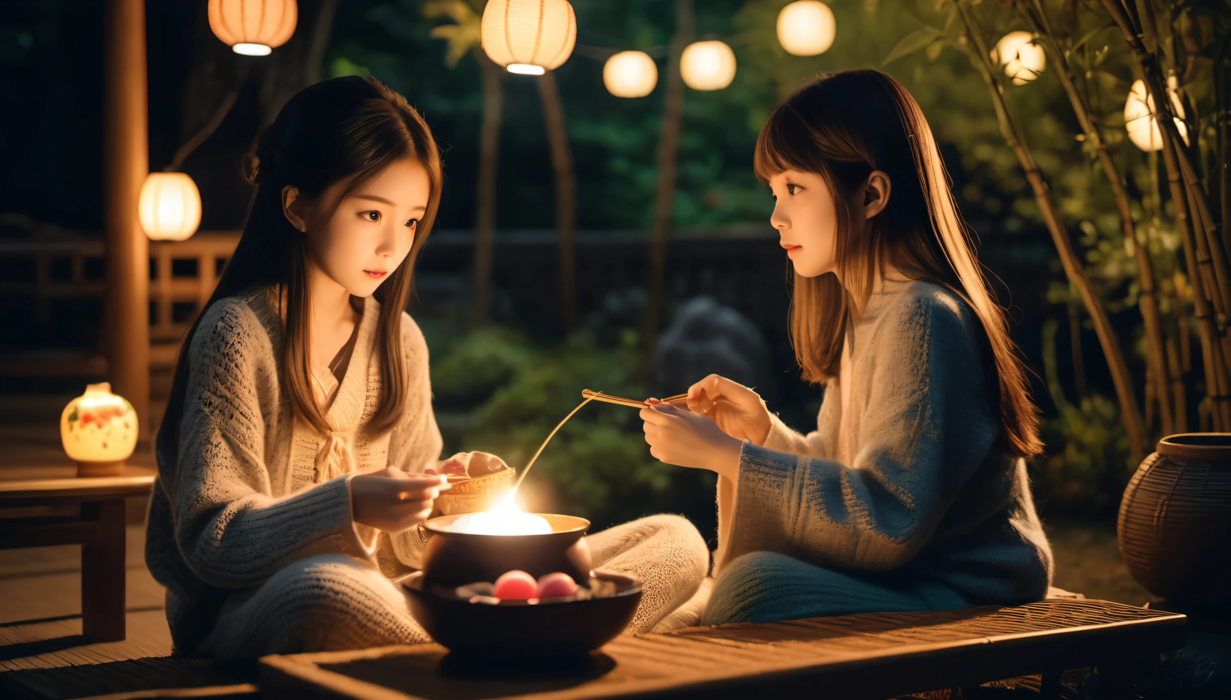 cinematic photo style by Araki, beautiful detailed faces, 1 girl with long hair along with a woman 50 years old with short blond hair, girl crocheting knitted toys while sitting in a deep chair, Group portrait, against the background of the Japanese garden , there is one beautiful bowl of tea on the bamboo table, books, night darkness, lighting from lamps, film, bokeh, professional, 16k, highly detailed,