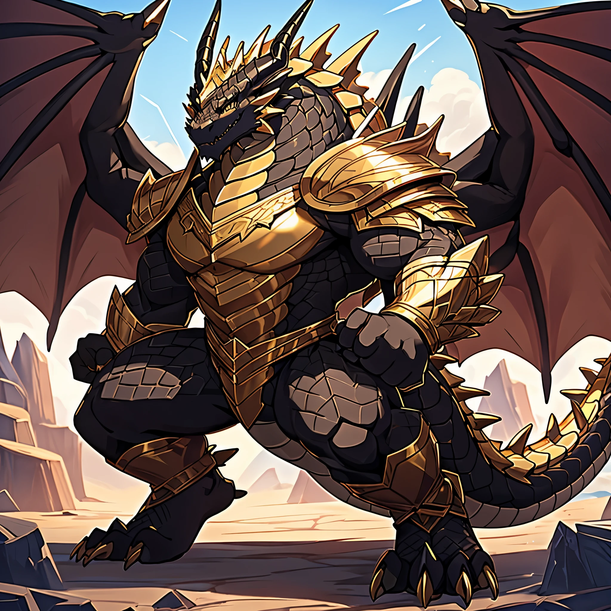 (The violent and powerful Dark Gold Dragon King，Wearing modern black and gold armor，Inlaid with black gold gemstones：200)，Strong build的龙形恶魔，(Broad dragon body，huge chest，majestic wingspan，Sharp and huge dragon claws，thick iron tail，Sharp dragon scales，The huge dark gold dragon king：2)，Strong build，(Black gold scales，Mighty dragon-shaped demon：2)，Dragon legs apart，Dragon wings unfold，The dragon's claws open，Excited toothy smile，huge mount，full body picture，Very detailed，4k HD