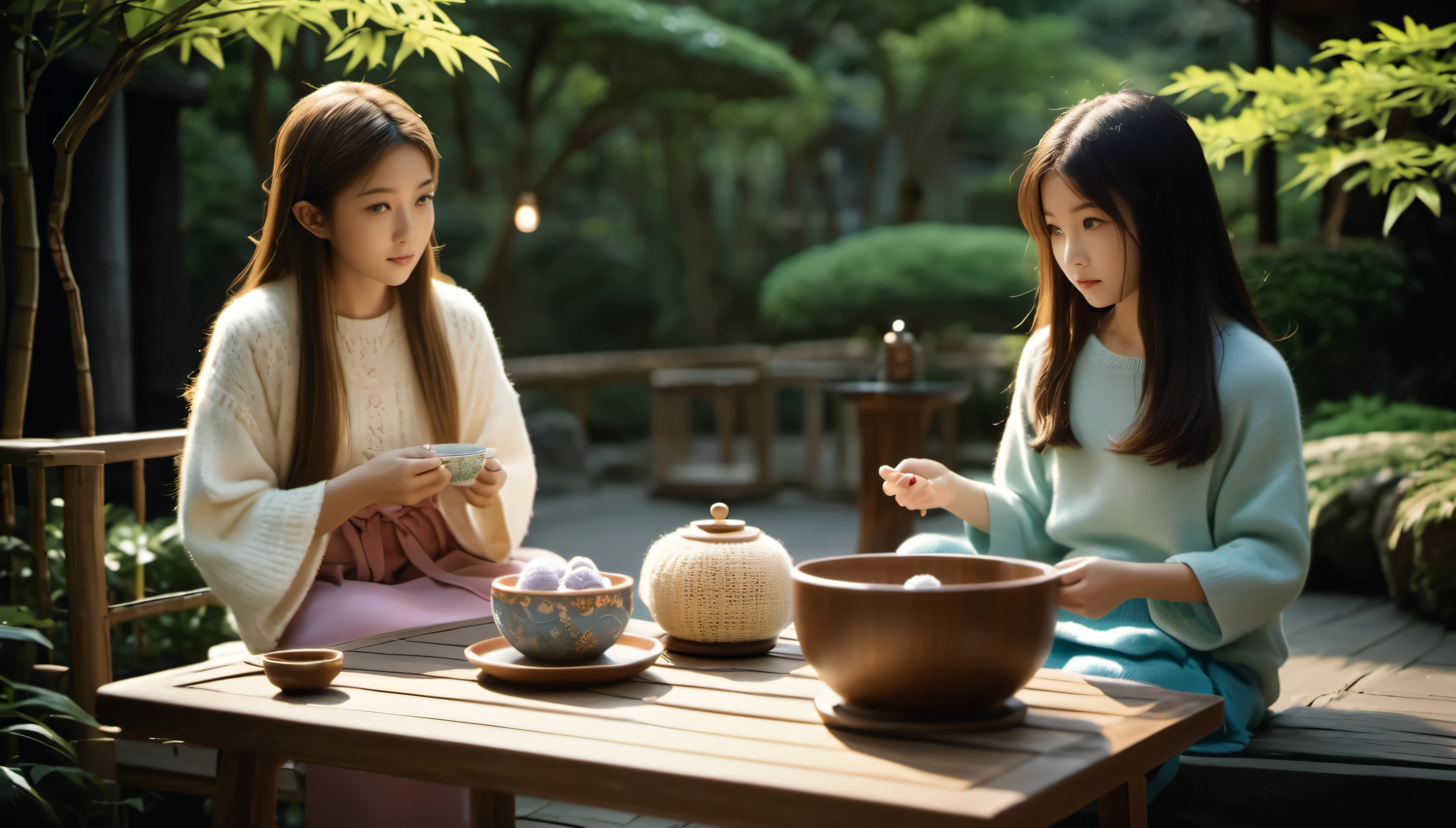cinematic photo style by Araki, beautiful detailed faces, 1 girl 14 years old with long hair along with a woman 50 years old with short blond hair, girl crocheting knitted toys while sitting in a deep chair, Group portrait, against the background of the Japanese garden , there is one beautiful bowl of tea on the bamboo table, books, night darkness, lighting from lamps, film, bokeh, professional, 16k, highly detailed,