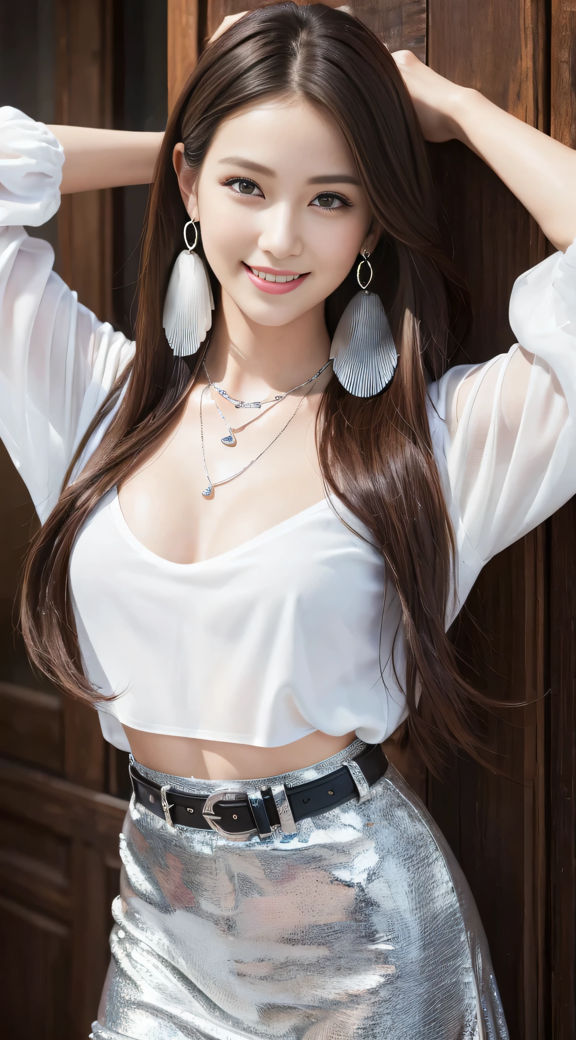 highest quality, masterpiece, 8K, ultra high resolution, (realistic: 1.4), 1 girl, beautiful face, symmetrical eyes, big, perfect body proportions, ((long hair))、((brown hair)), the gaze of the beholder,Front view, Absolute area (1.3),friendly smile、cowboy shot,White see-through shirt、a belt、a black skirt:1.3、((shy smile:1.3)),((silver necklace＿Large earrings:1.2)),((Angle from directly above:1.1)),((arms up:1.1)),