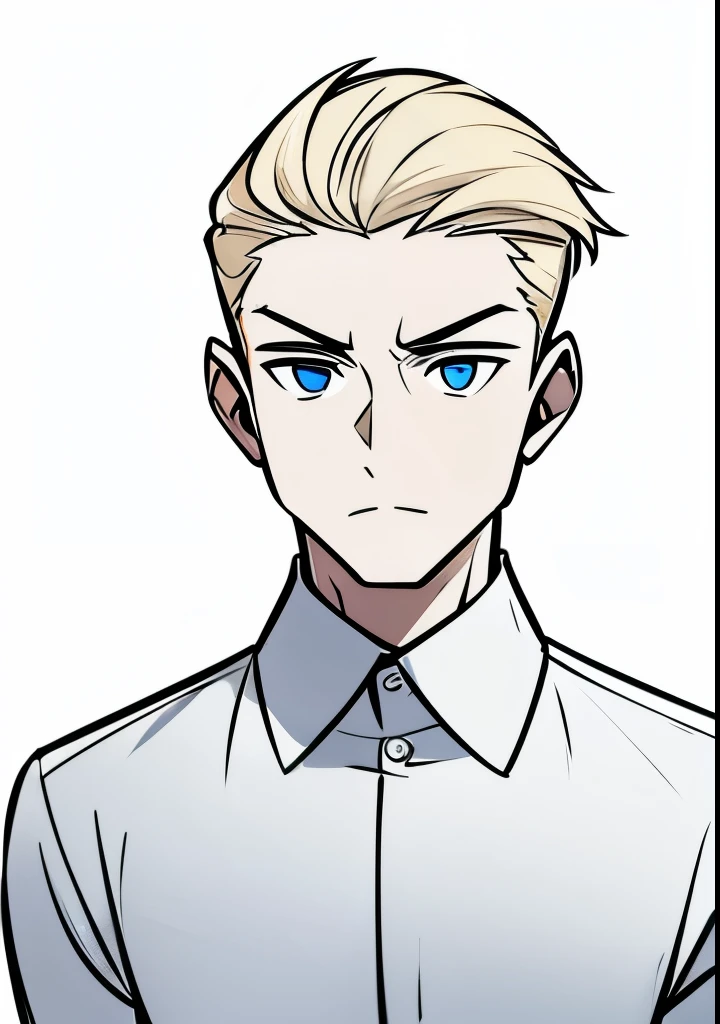 Young Adult male, white and tender skin, pale blonde slicked back combed short hair, kaiser mustache, ducktail beard, steel blue eyes, green and slightly mature, serious and emotionless facial expression, wearing white bottom long sleeve shirt with collar, portrait style, facing forwards