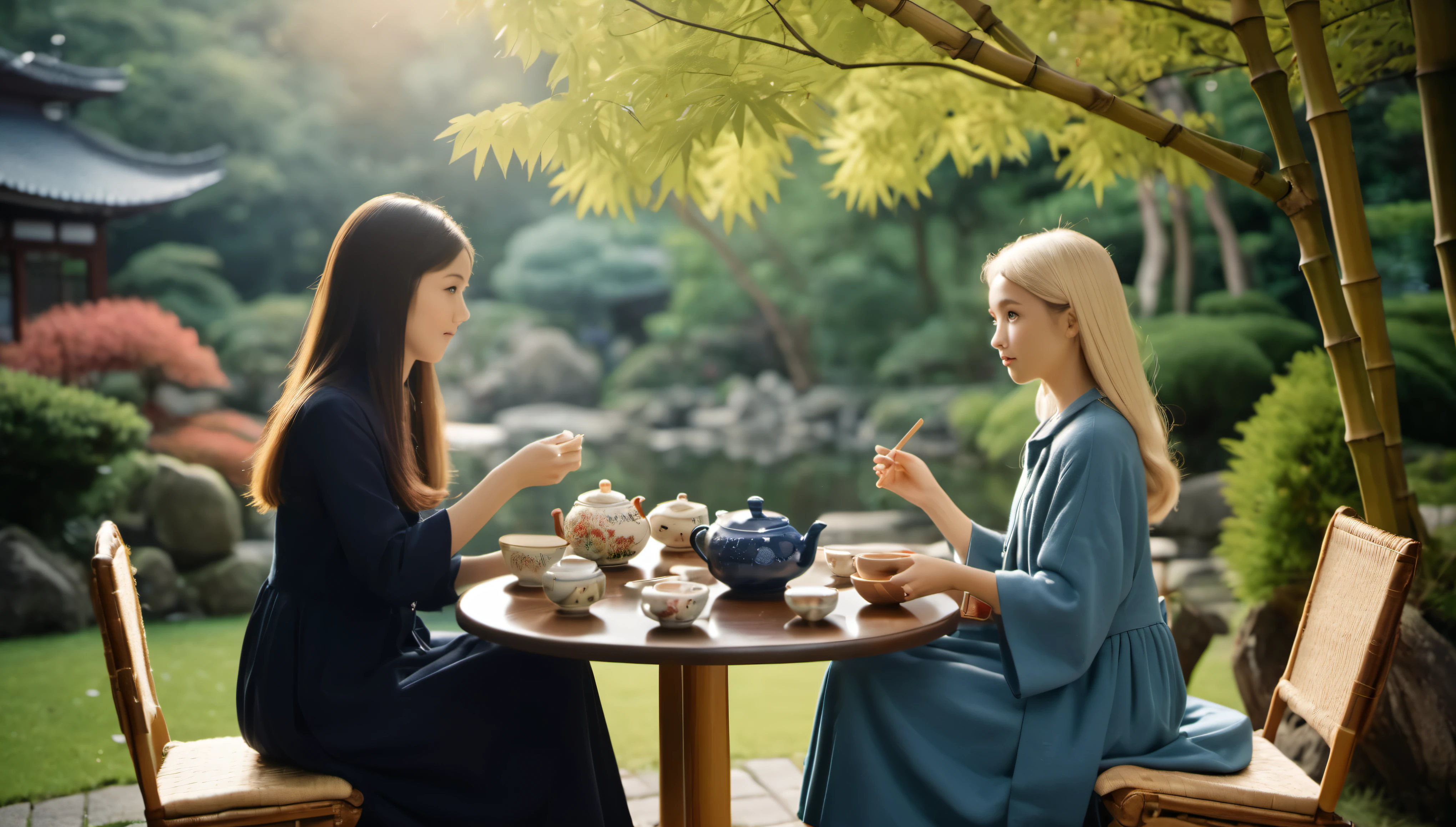 cinematic photo style by Araki and charly Chaplin , beautiful detailed faces, 1 girl 14 years old with long hair along with a woman 50 years old with short blond hair, girl crocheting knitted toys while sitting in a deep chair, Group portrait, against the background of the Japanese garden , there is one beautiful bowl of tea on the bamboo table, books, night darkness, lighting from lamps, film, bokeh, professional, 16k, highly detailed,