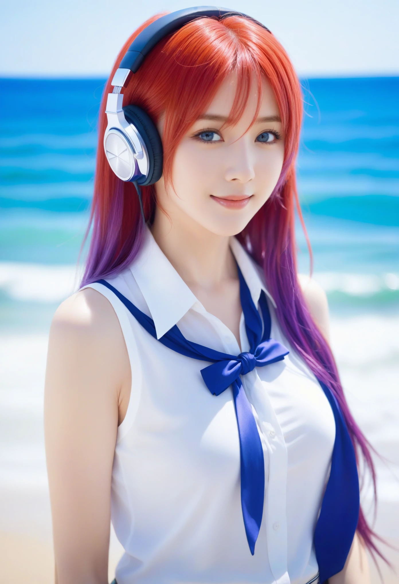 Uta (piece), oDa Eiichiro,, , 1 girl, :D, 瀏Ocean, blue ribbon, DiamonD-shapeD pupils, DiamonD (shape), hair between eyes, heaDphones, long hair, multicoloreD hair, open mouth, purple eyes, reD hair, ribbon, shirt, sign, sleeveless, sleeveless shirt, Smile, alone, ((Colored hair)), symbol-shapeD pupils, white hair, white shirt, Ocean, one eye covereD, watercolor,, , 