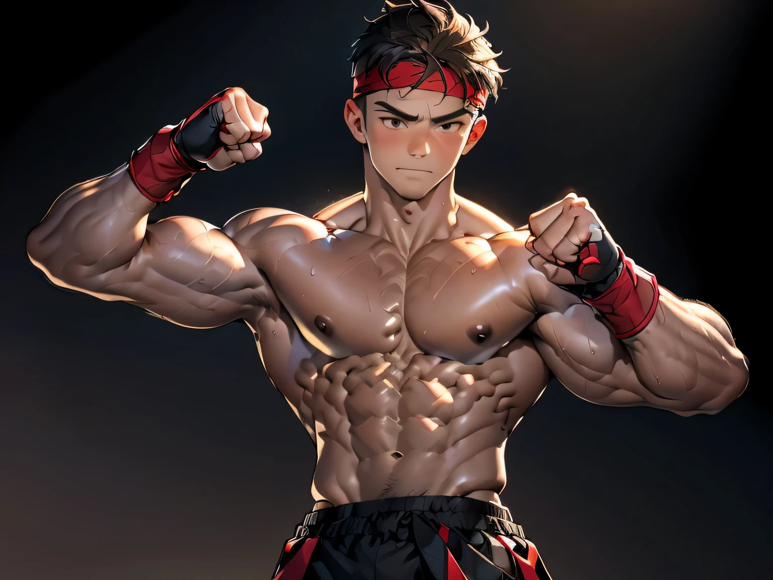 (Masterpiece, Best quality 19 year old boy, simple background, cowboy shot), solo, Young, boy, full bodyesbian, muscler, Shirtless, topless, (Dark Short straight hair, under cut, brown eyes), (red headband, ((black wristband))), Vivid colors, (hot Abs, abs!, big abs, big breast, chest!, muscler upper arms), (topless male), closed mouth, serious, muscler!, muscler body, Man with martial arts stance, (((epic fighting pose, punching pose)))