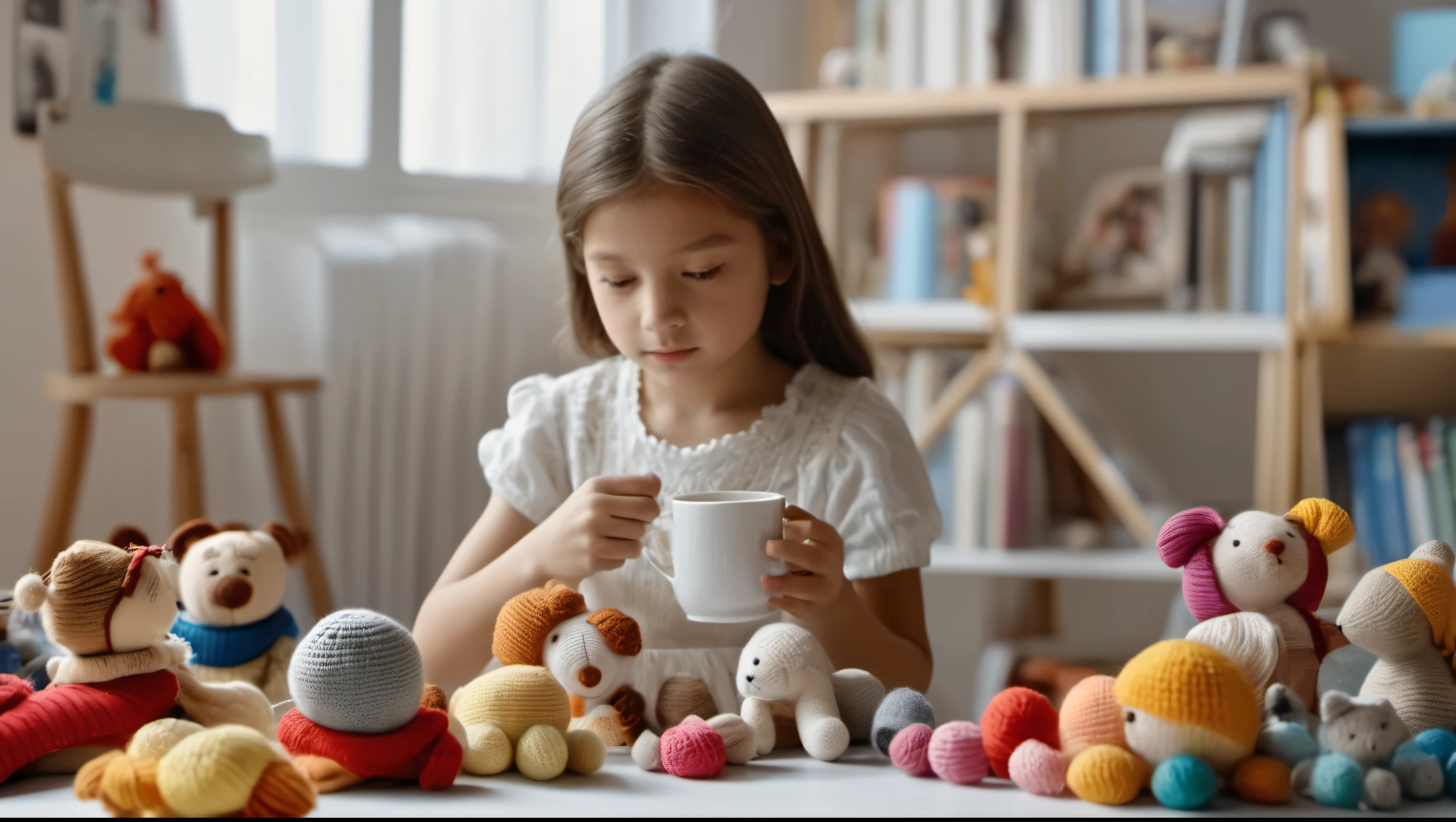 cinematic photo style by Henri Cartier-Bresson, 1 -year-oldl crotes knitted toys while sitting in a chair, portrait, against the background of a white wall of children&#39;s drawings and a window, on a wooden table there is one white mug full of tea, books, Perfect fingers, film, bokeh, professional, 4k, highly detailed,
