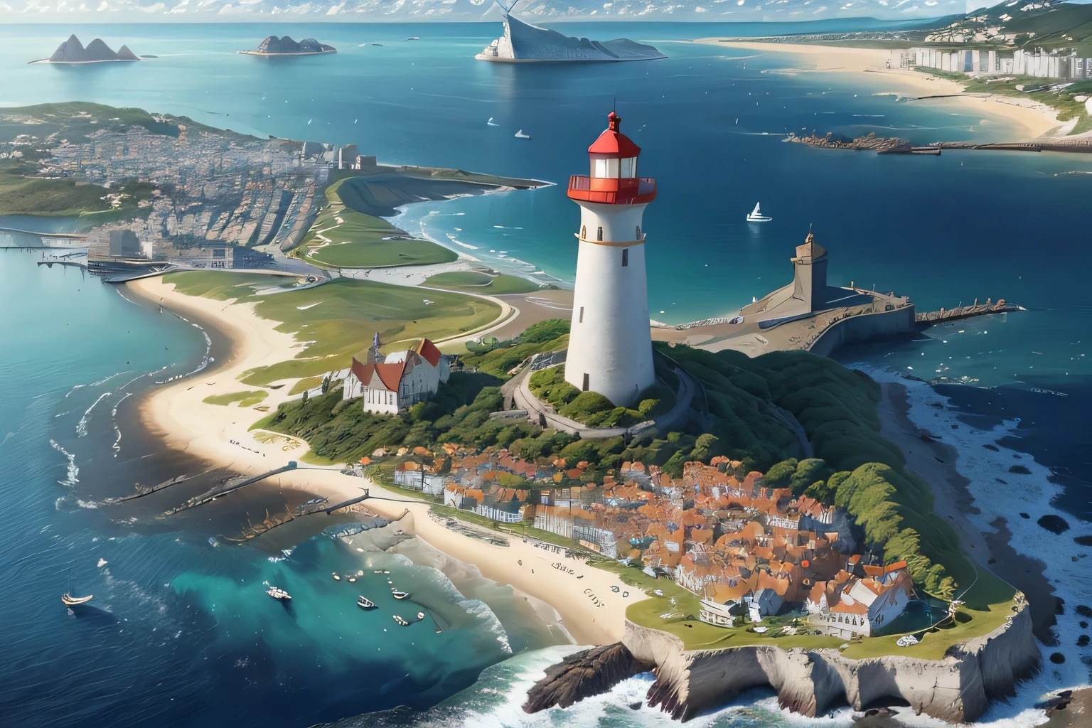 "Imagine a bustling coastal city teeming with life and activity. Marinalis, known as the Jewel of the Coast, is situated on the shores of the Aestorian Sea, its vibrant harbor filled with ships from distant lands. Tall, majestic lighthouses stand sentinel along the coastline, medieval fantasy theme