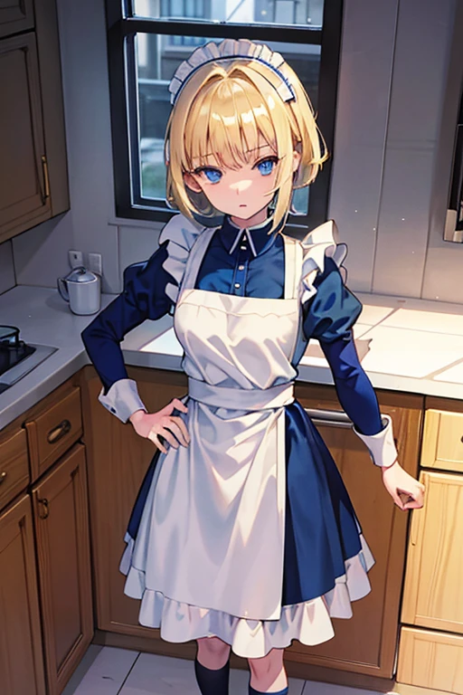 short hair, blonde hair, blue eyes, maid uniform, standing, Straight Face, Fair skin, indoors, kitchen, from above, 1990s (style), --niji 5  --ar 2:3 --s 100