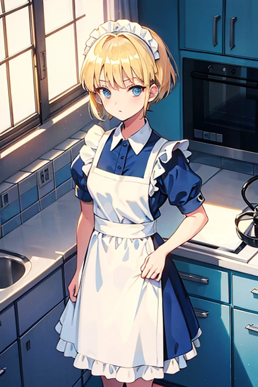 short hair, blonde hair, blue eyes, maid uniform, standing, Straight Face, Fair skin, indoors, kitchen, from above, 1990s (style), --niji 5  --ar 2:3 --s 100