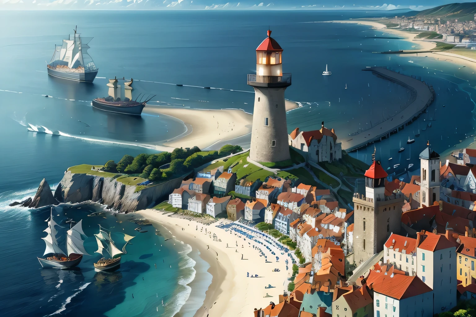 "Imagine a bustling coastal city teeming with life and activity. Marinalis, known as the Jewel of the Coast, is situated on the shores of the Aestorian Sea, its vibrant harbor filled with ships from distant lands. Tall, majestic lighthouses stand sentinel along the coastline, medieval fantasy theme