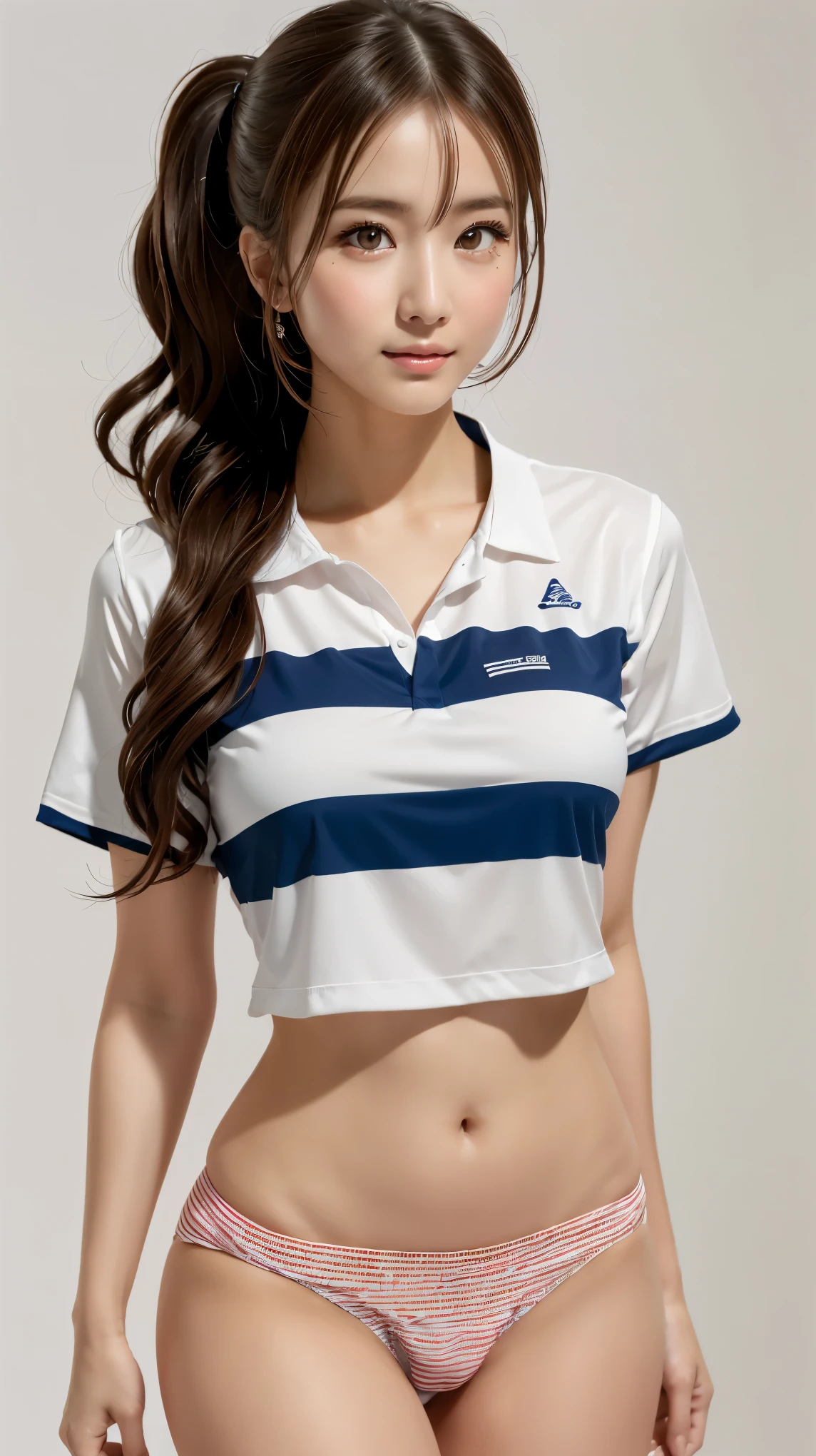 anna_girl, japanese_girl, 18 year old girl, (((tennis uniform:1.1), ((panties with fine stripes)), from below)), realistic photo, Highly detailed face and skin texture, natural neck length, (Dark brown hair, wavy hair, high ponytail hair:1.2), standard body, ((small breasts)), symmetric clear eyes, cute eyes, BREAK, 
((simple white background:1.4)), full-body shot